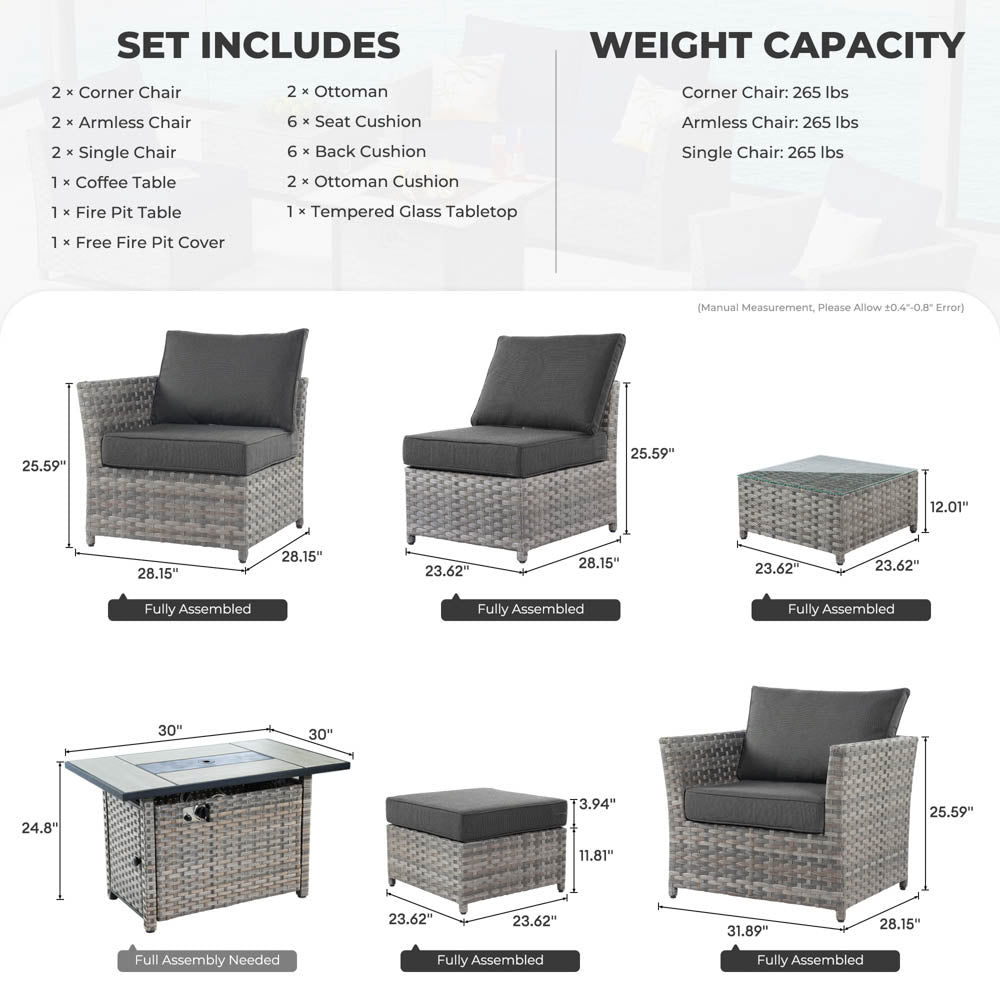 OVIOS New Rimaru Series Patio Furniture Set 10-Piece include 42"Rectangle Fire Pit Table Partially Assembled
