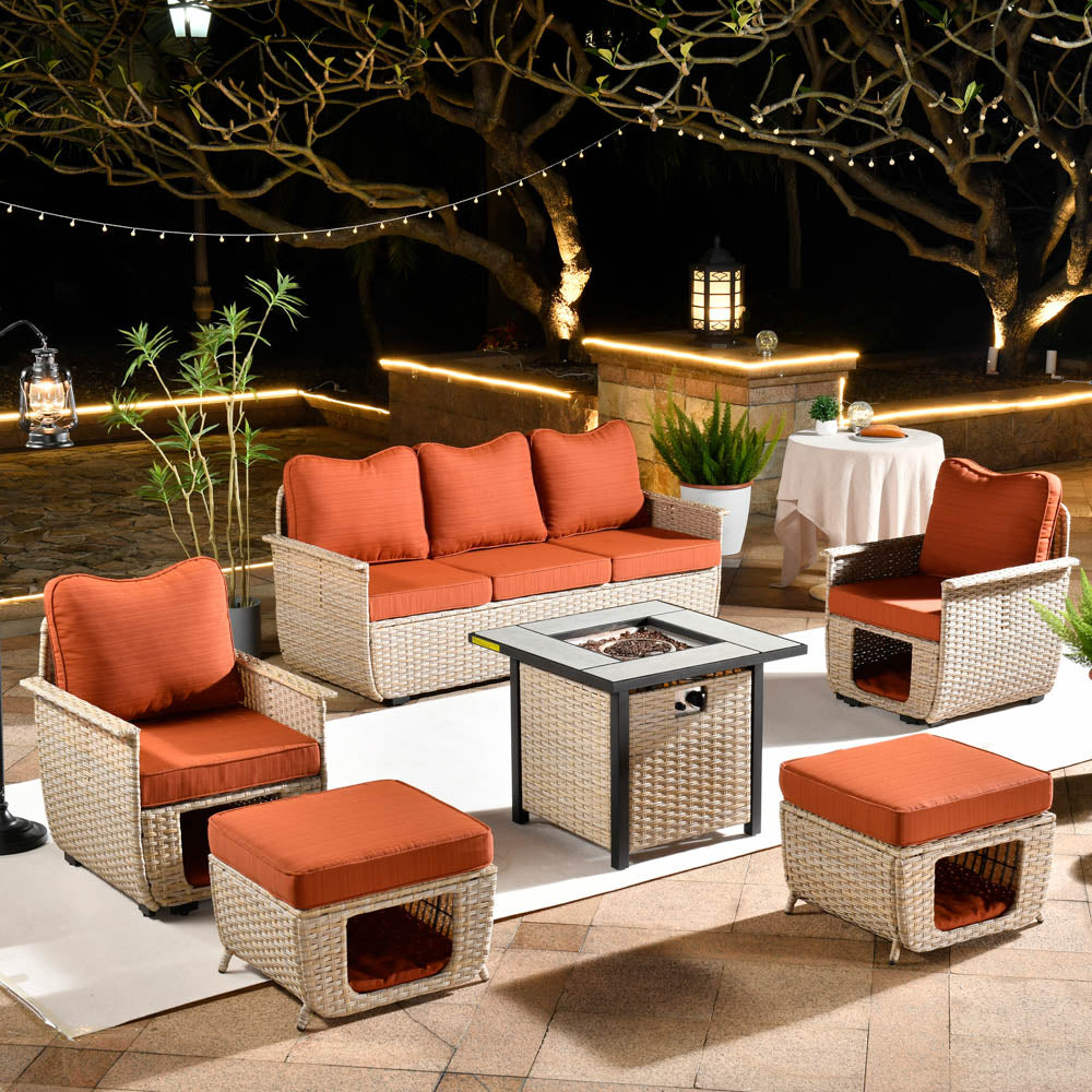 Ovios Patio Conversation Set 6 Pieces Beige Wicker with 30'' Fire Pit and Multifunctional Storage