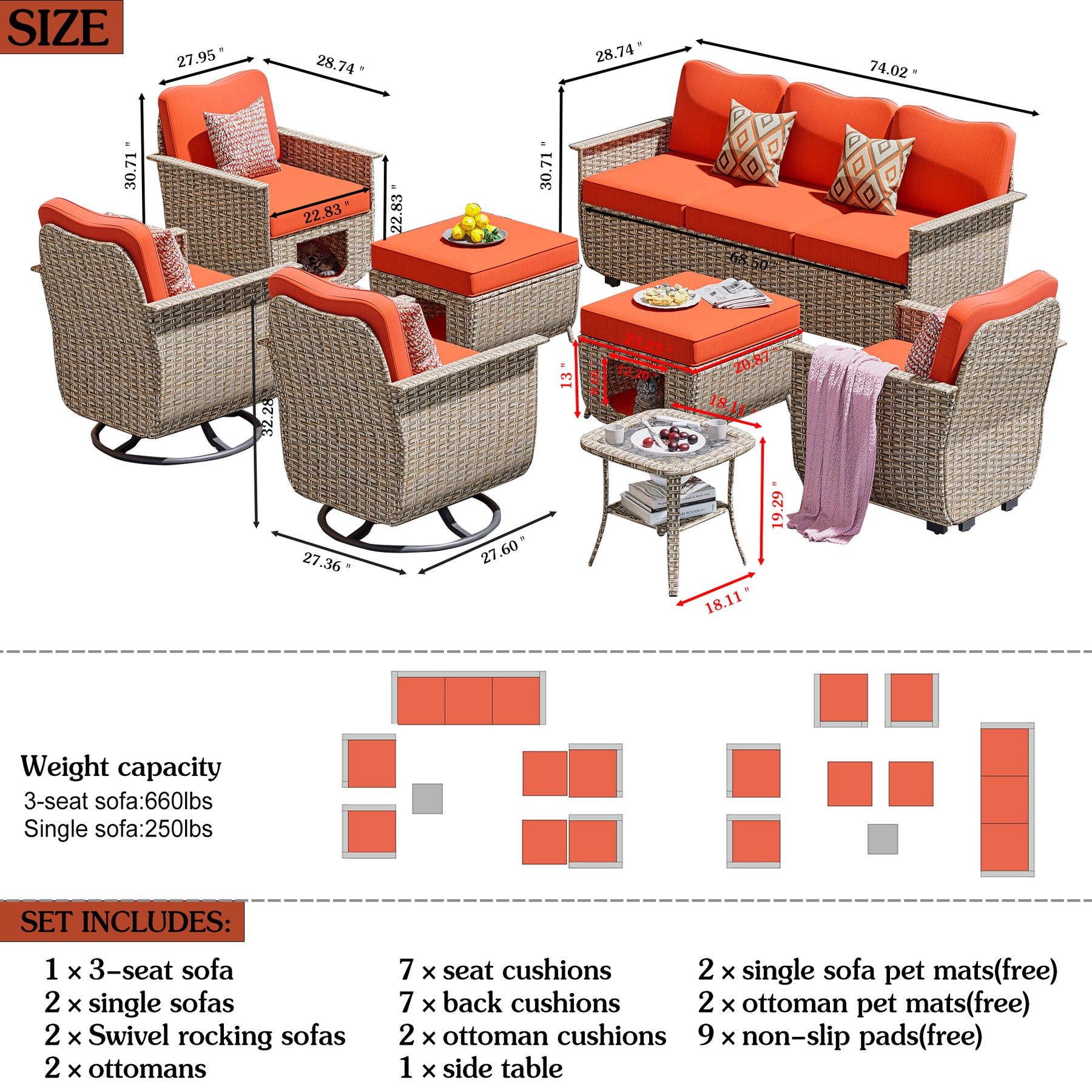 Ovios Outdoor Furniture Beige Wicker Set 8 Pieces with 2 Swivel Chair Side Table and Multifunctional Storage