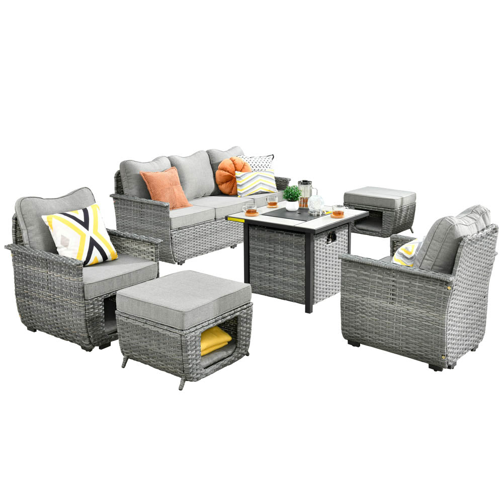 Ovios Patio Conversation Set 6 Pieces Dark Grey Wicker with 30'' Fire Pit and Multifunctional Storage