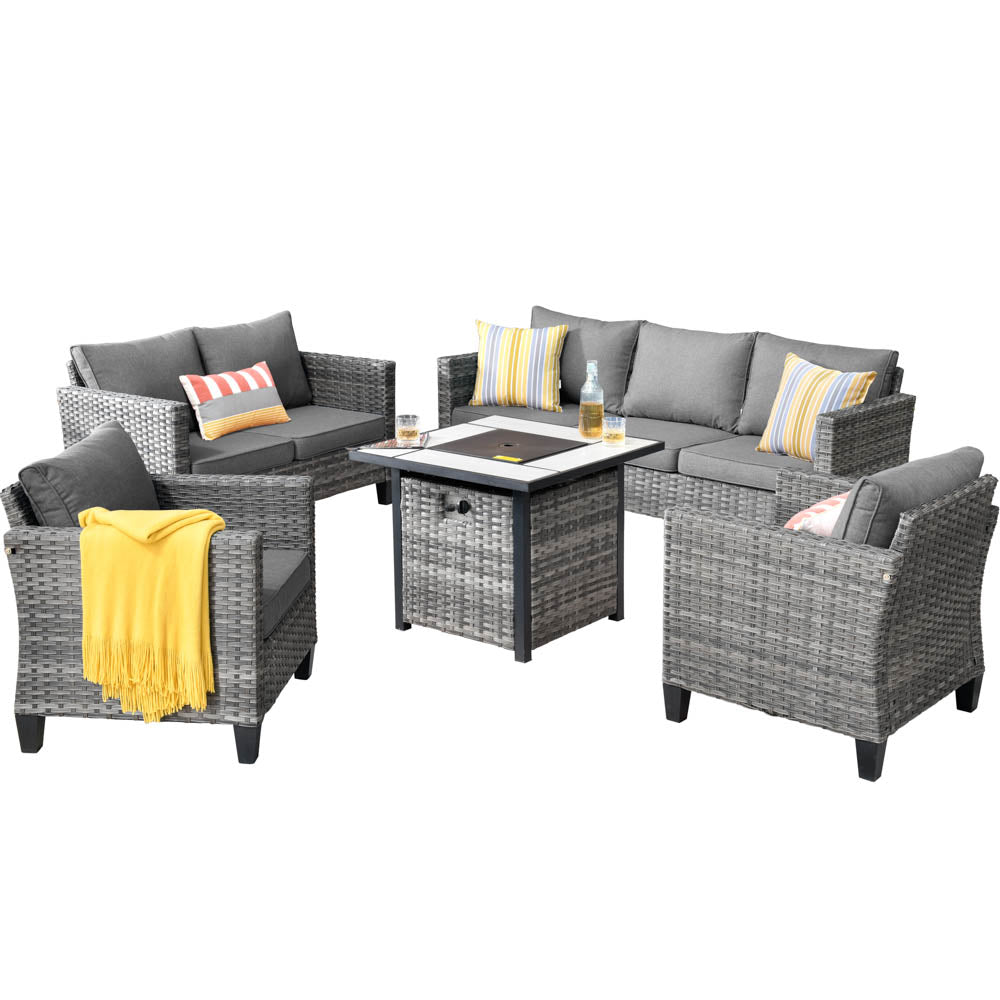 Ovios Patio Vultros Furniture Set 7-Person Seating with 30'' Propane Fire Pit Table
