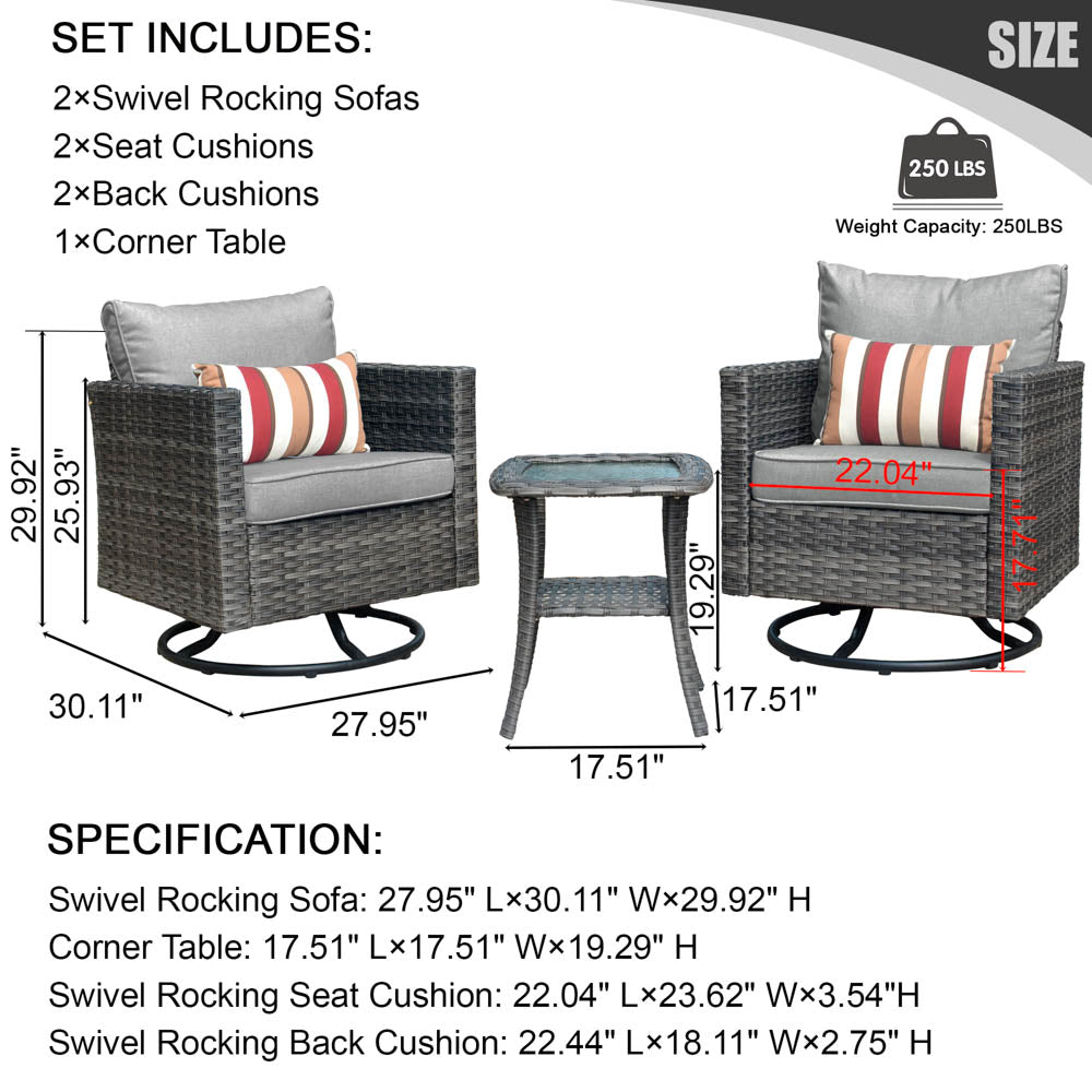 Ovios Patio Furniture 3-Piece Set with Swivel Chairs and Table Square Shape Armrest