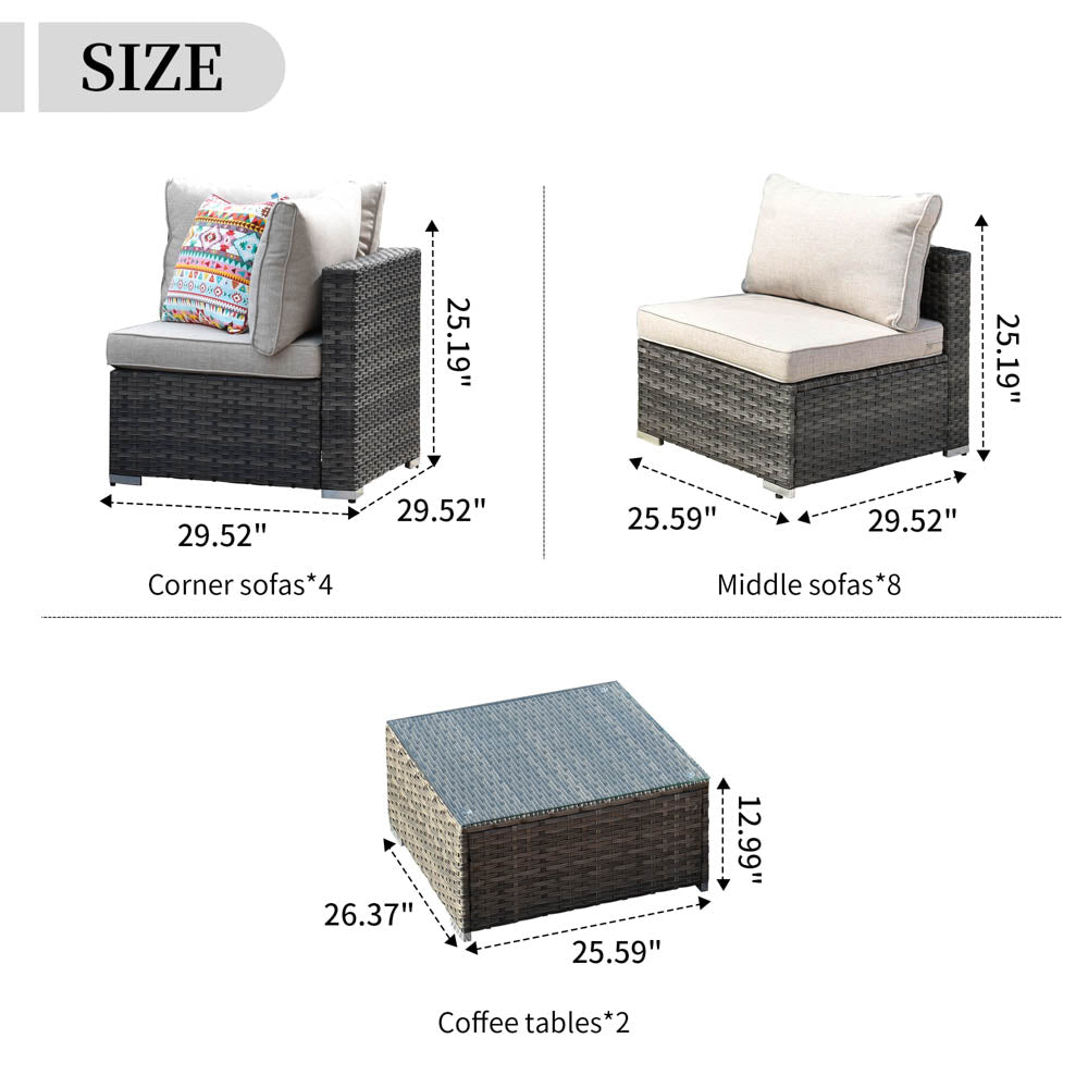 OVIOS Patio Furniture Set 14-Piece with All Weather Rattan Wicker Sofa and Tempered Glass Table