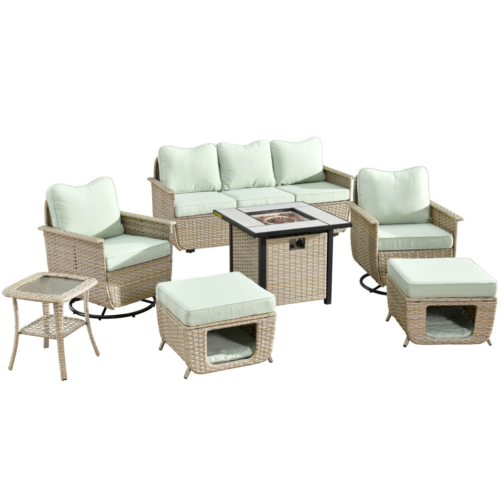 Ovios Patio Pet Conversation Set Beige Wicker 7 Pieces with 30'' Fire Pit and Swivel Rocking Chairs