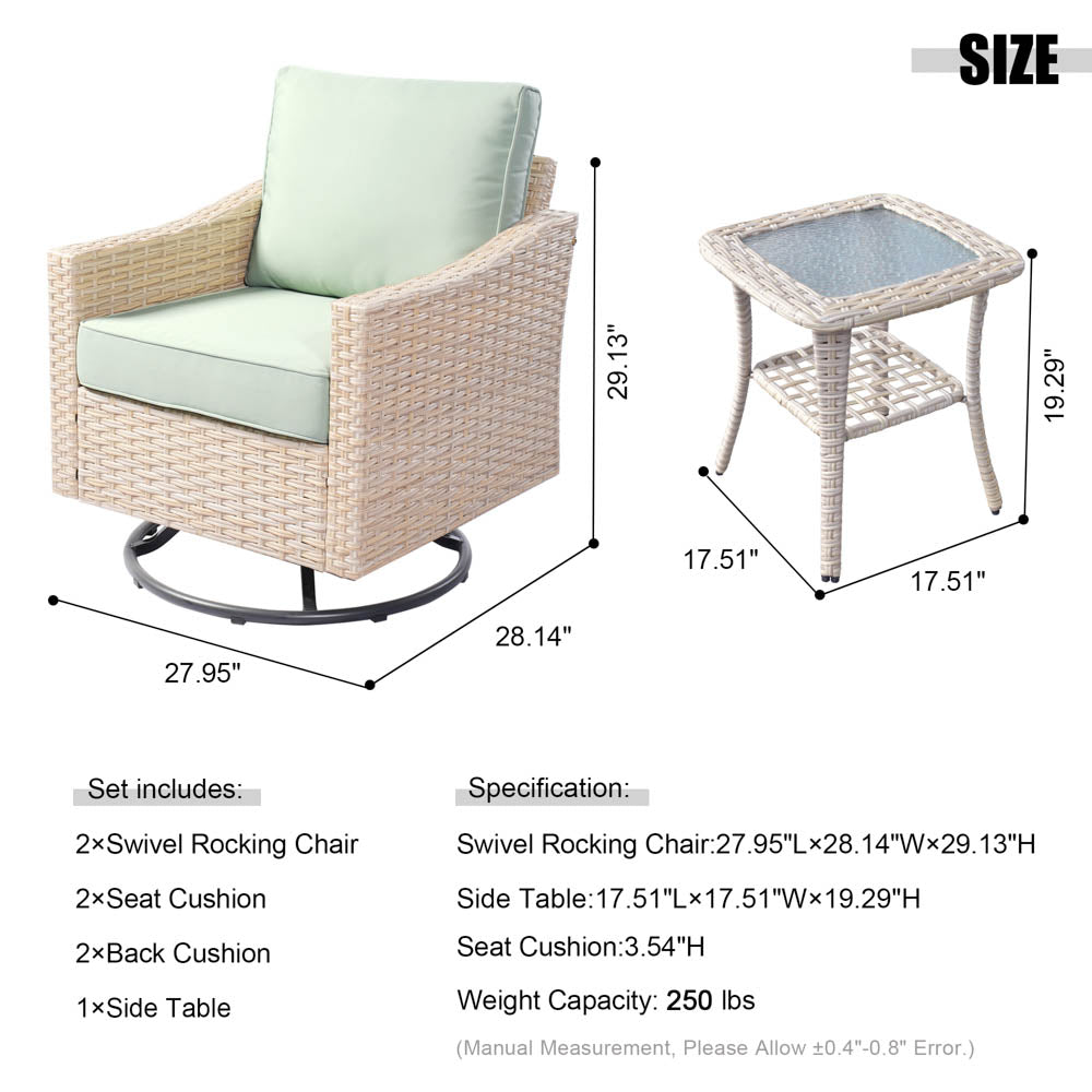 Ovios Athena Series Outdoor Patio Furniture Set 3-Piece, Swivel Chairs and Side Table