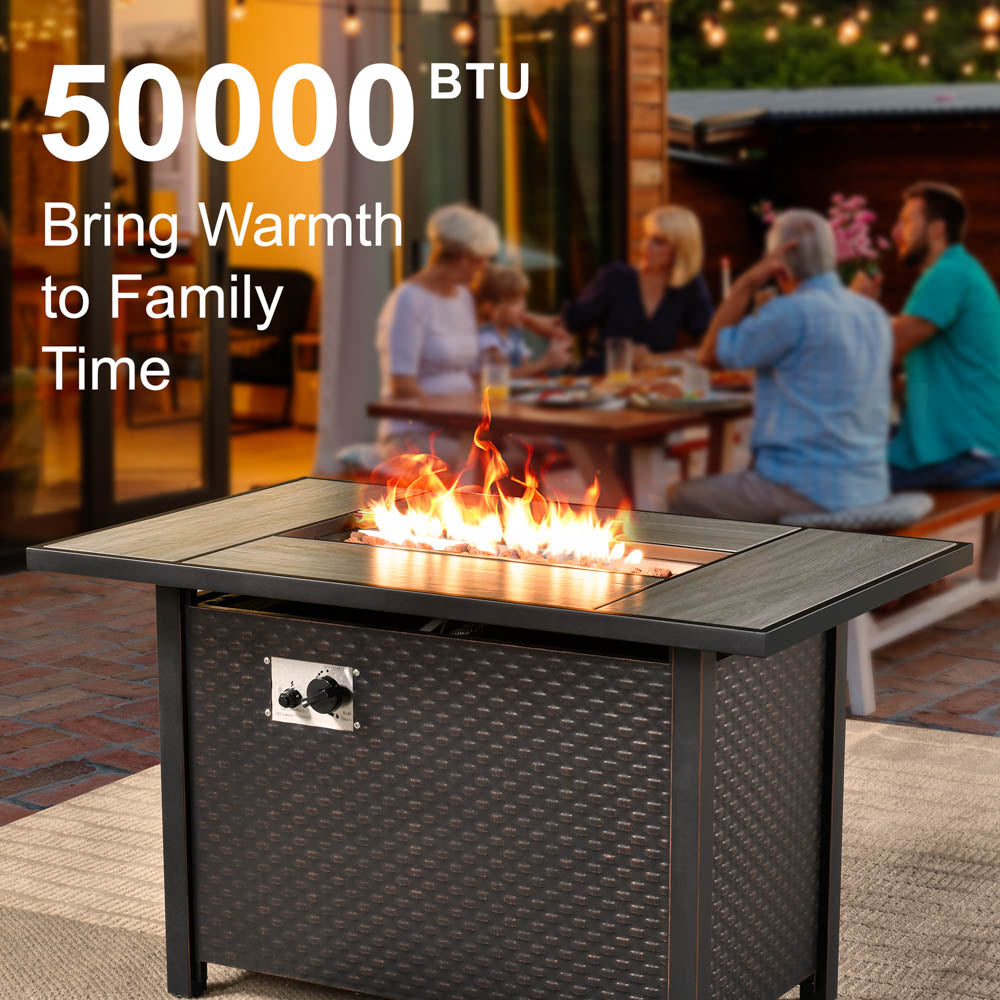 Ovios 42" Brown Rectangle Propane Fire Pit Table w/ 50000 BTU Flame & Lava Rocks
