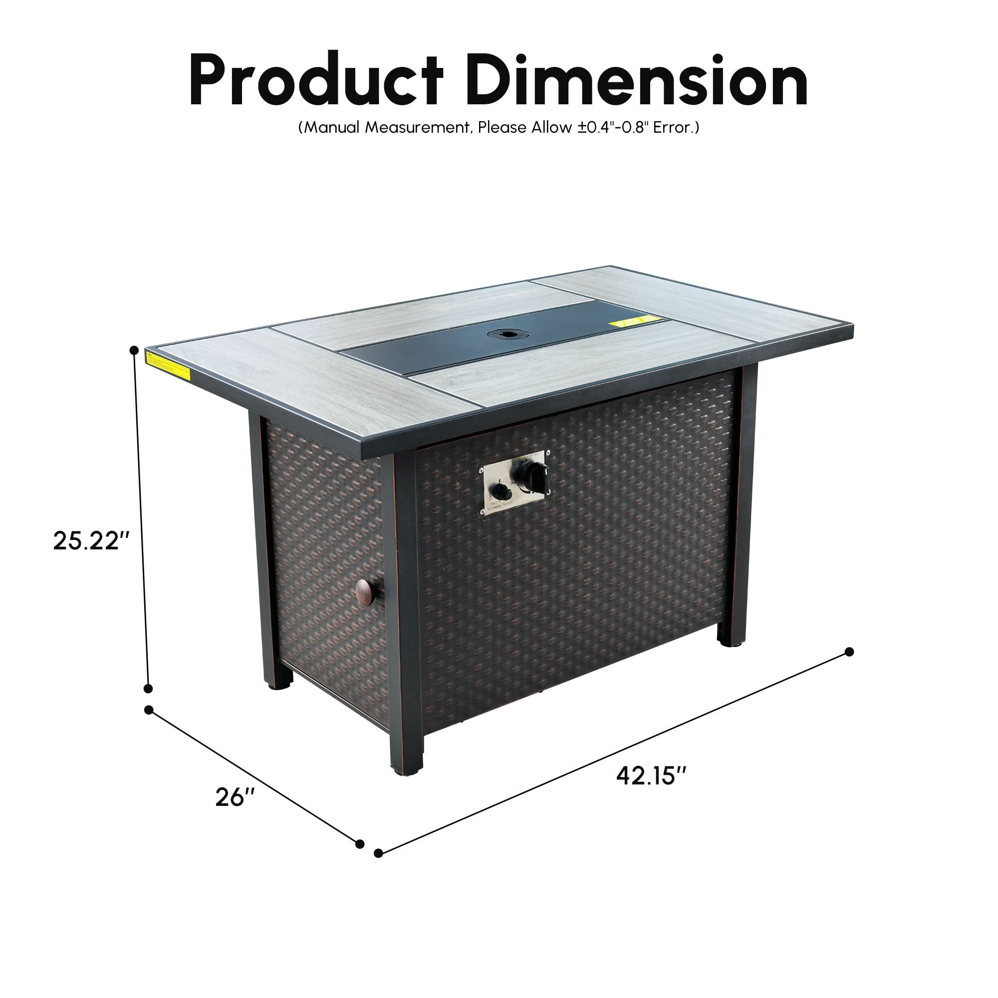 General | Ovios brown 42'' rectangle propane fire pit table, dimensions 42.15"x26"x25.22"