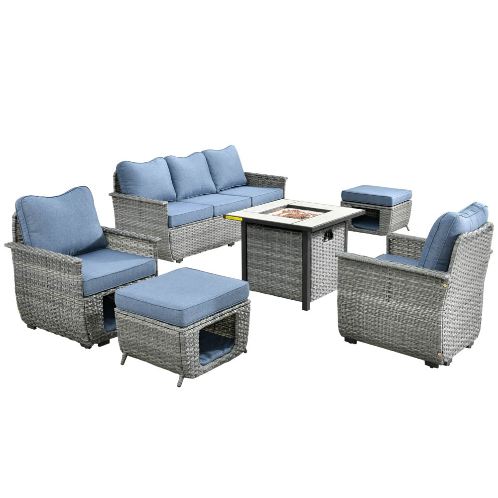 Ovios Patio Conversation Set 6 Pieces Dark Grey Wicker with 30'' Fire Pit and Multifunctional Storage
