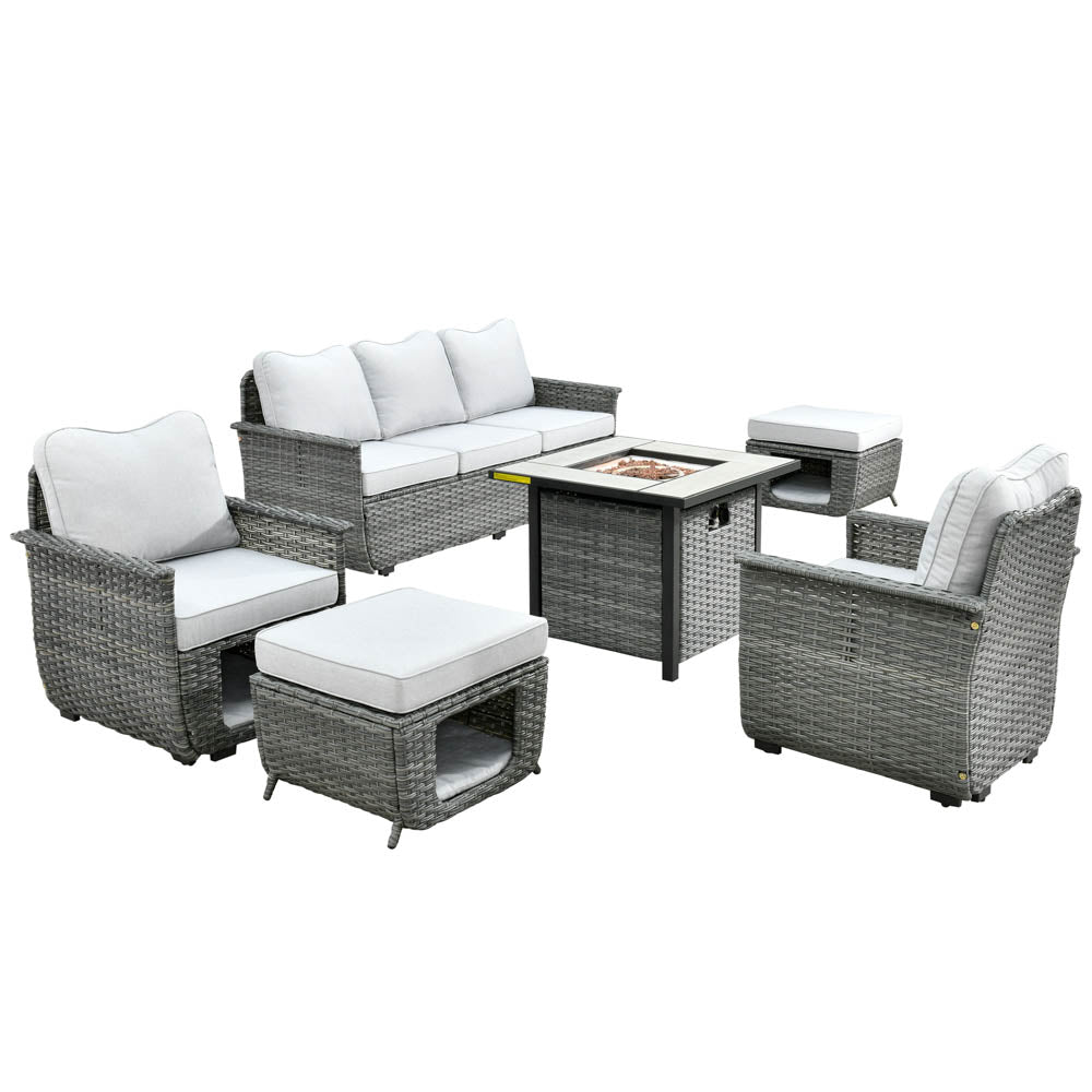 Ovios Patio Conversation Set 6 Pieces Dark Grey Wicker with 30'' Fire Pit and Multifunctional Storage