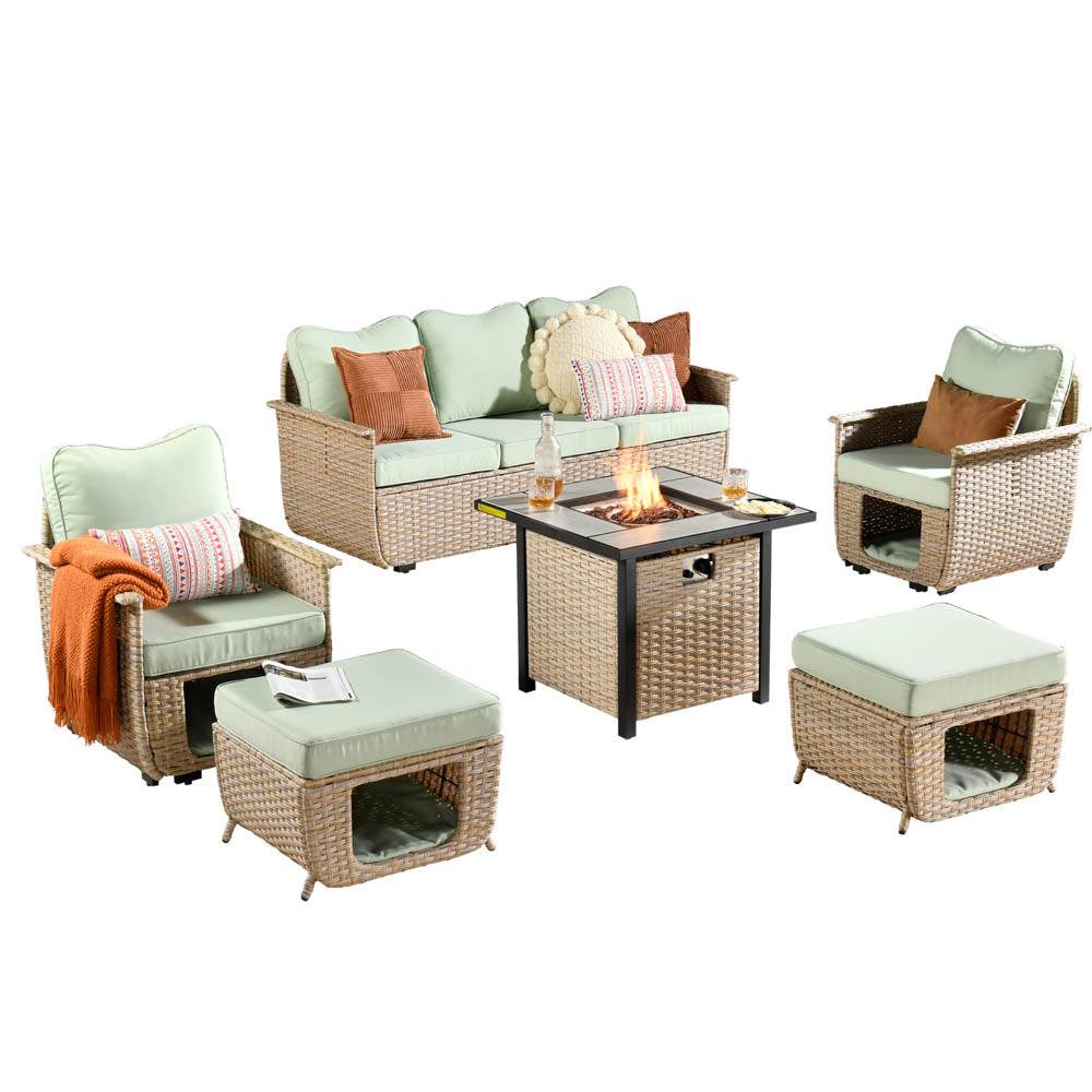 Ovios Patio Conversation Set 6 Pieces Beige Wicker with 30'' Fire Pit and Multifunctional Storage