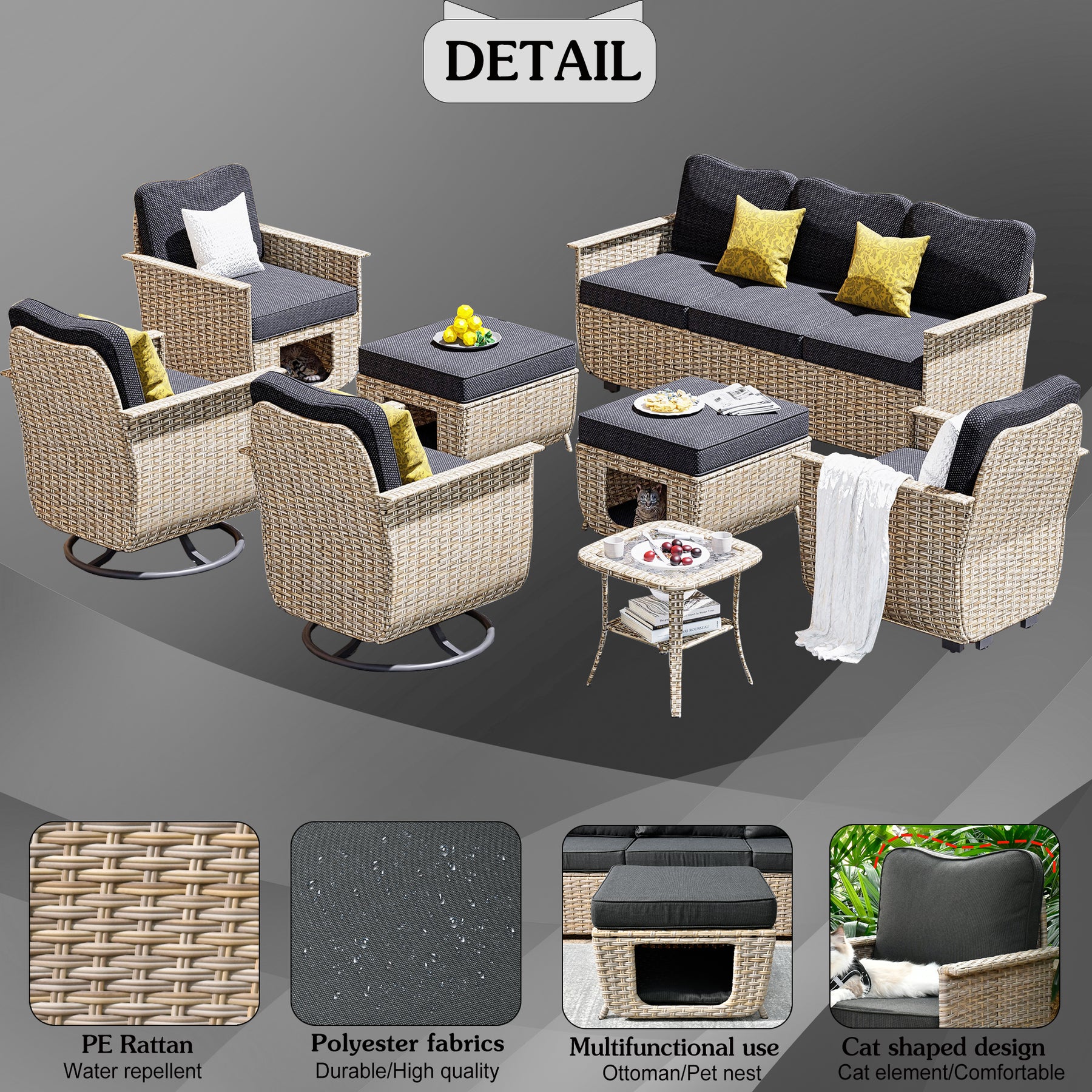 Ovios Outdoor Furniture Beige Wicker Set 8 Pieces with 2 Swivel Chair Side Table and Multifunctional Storage