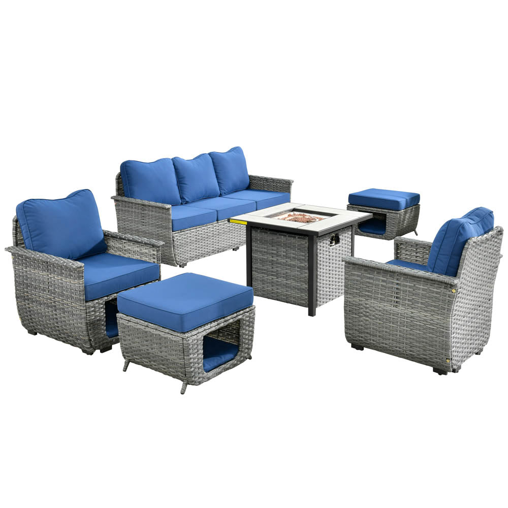 Ovios Patio Conversation Set 6 Pieces Dark Grey Wicker with 30'' Fire Pit and Multifunctional Storage