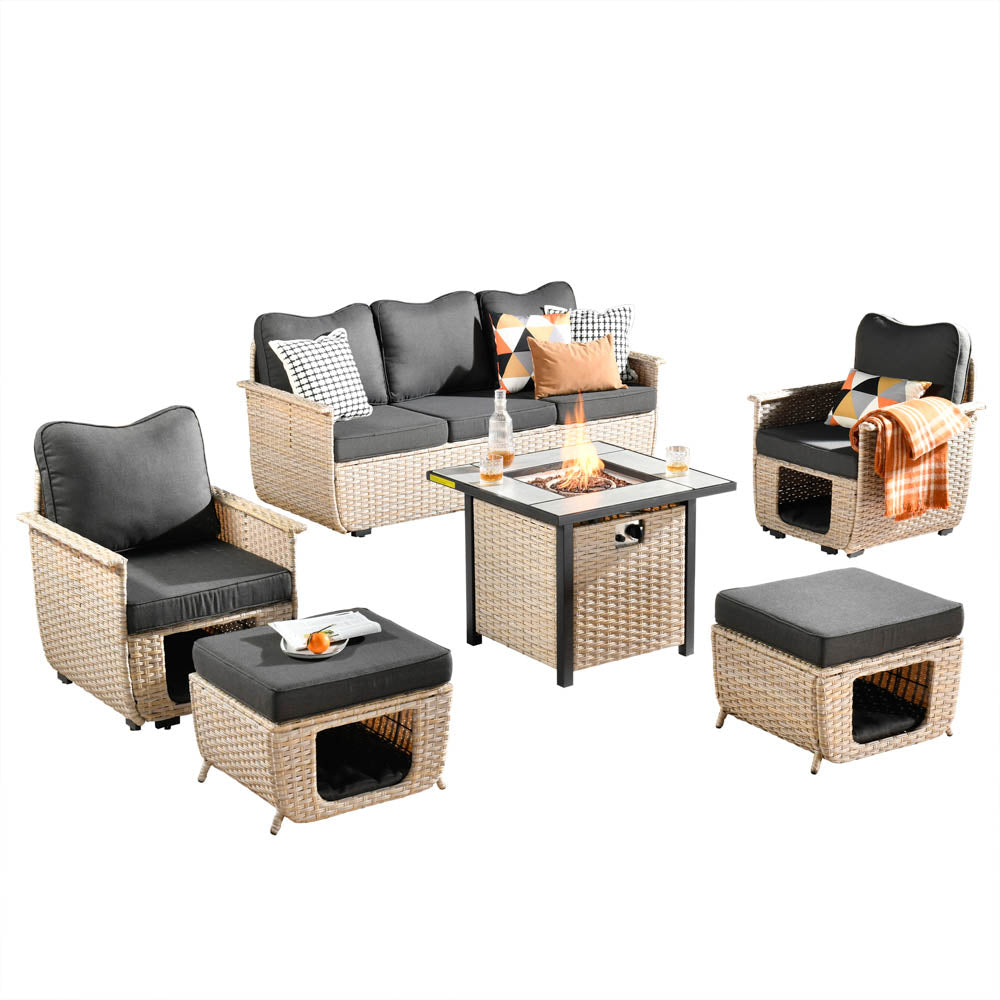 Ovios Patio Conversation Set 6 Pieces Beige Wicker with 30'' Fire Pit and Multifunctional Storage