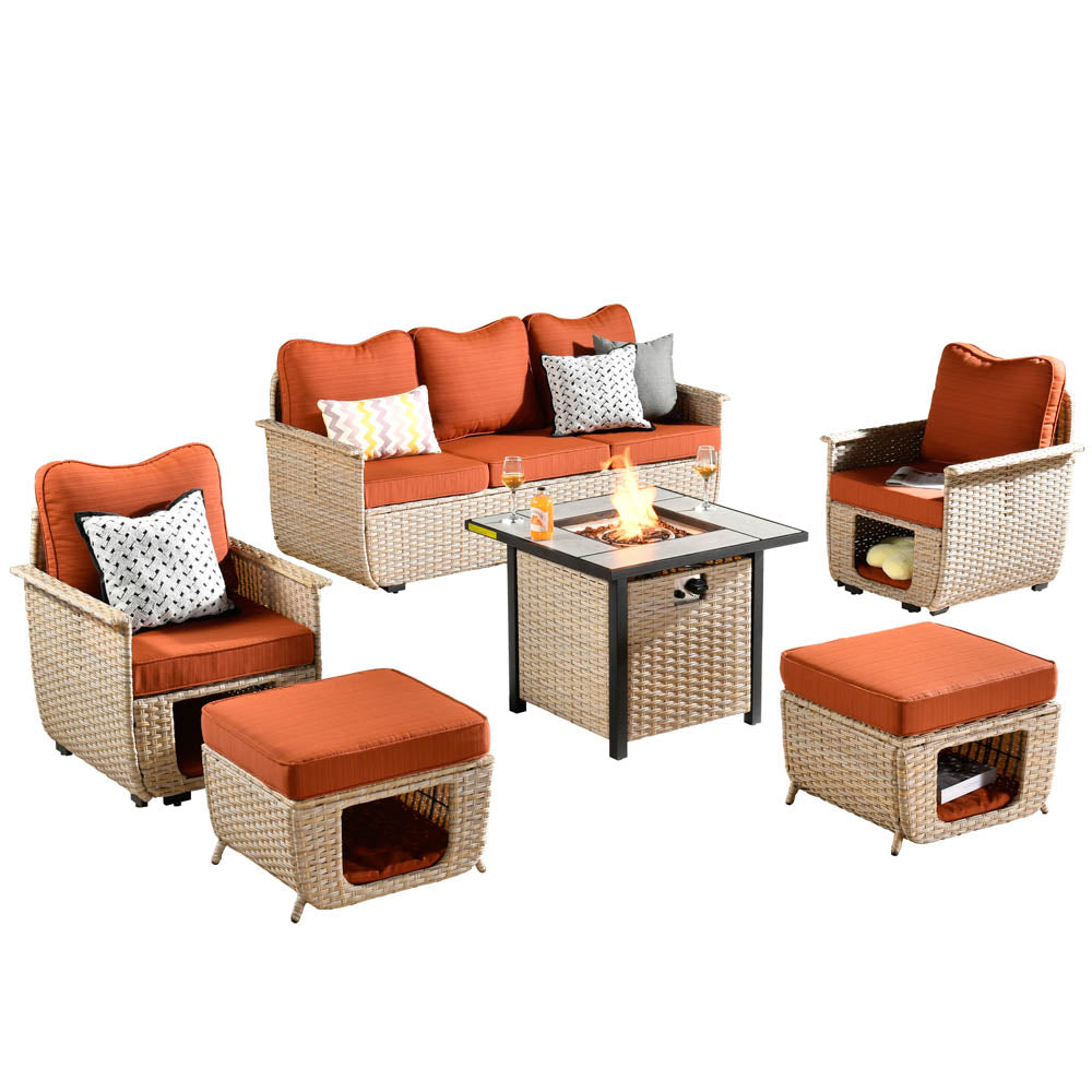 Ovios Patio Conversation Set 6 Pieces Beige Wicker with 30'' Fire Pit and Multifunctional Storage