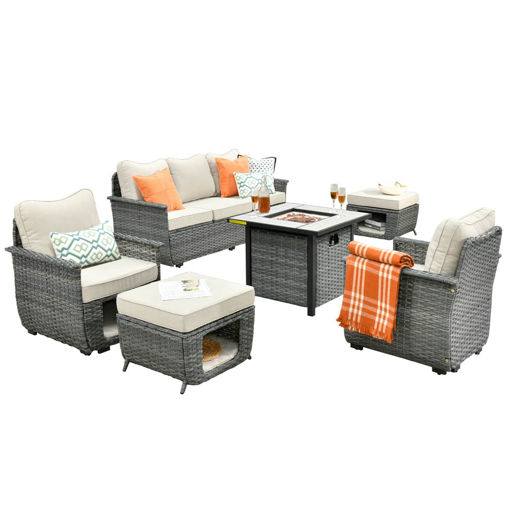 Ovios Patio Conversation Set 6 Pieces Dark Grey Wicker with 30'' Fire Pit and Multifunctional Storage