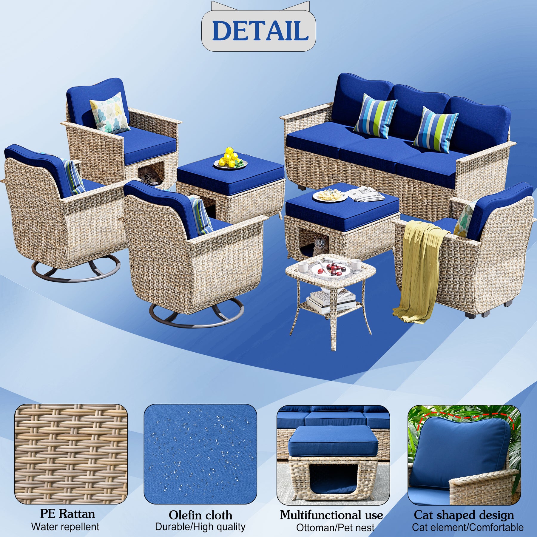 Ovios Outdoor Furniture Beige Wicker Set 8 Pieces with 2 Swivel Chair Side Table and Multifunctional Storage