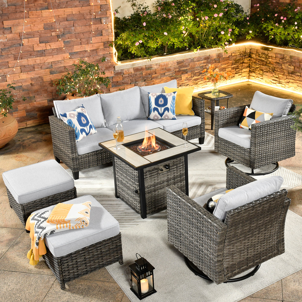 Ovios Patio Vultros 7-Piece Set with 2 Rocking chairs and 30'' Propane Fire Pit Table