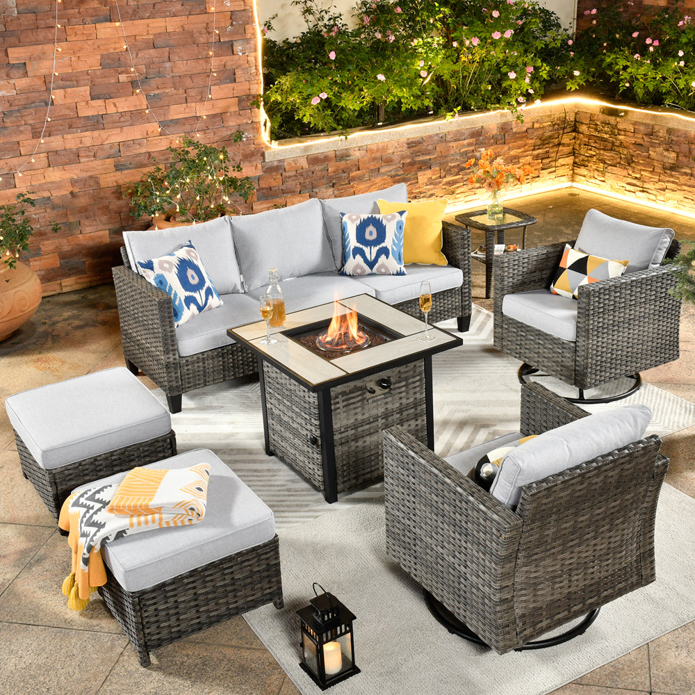 OVIOS Patio Vultros 7-Piece Set with 2 Rocking chairs and 30'' Propane Fire Pit Table