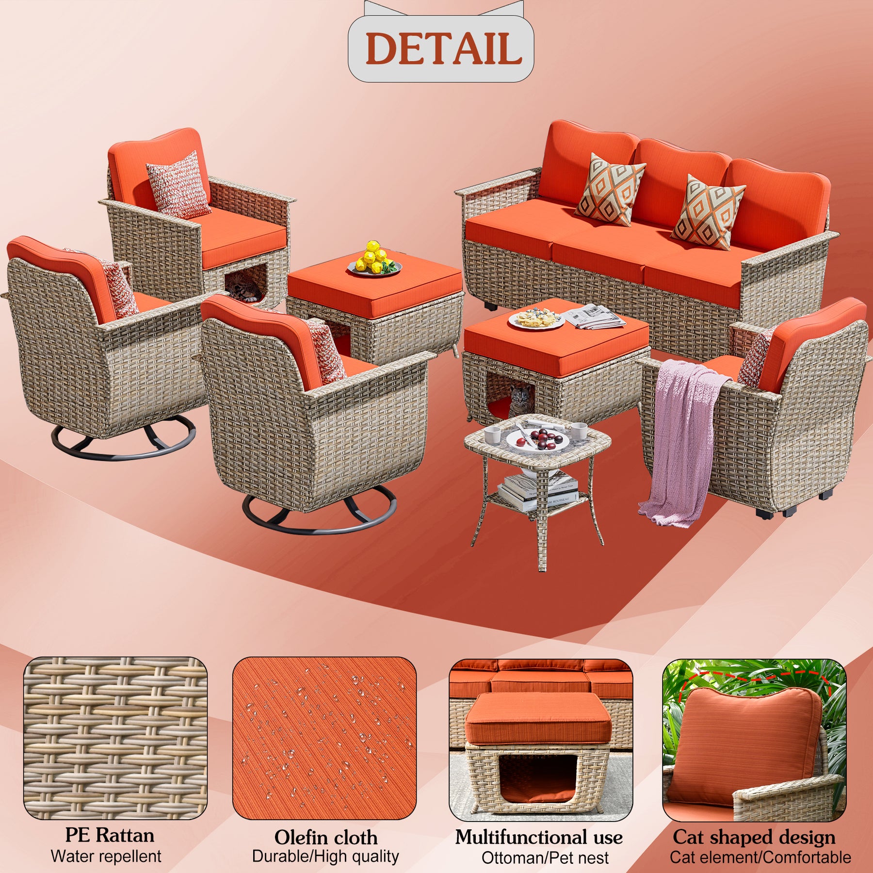Ovios Outdoor Furniture Beige Wicker Set 8 Pieces with 2 Swivel Chair Side Table and Multifunctional Storage