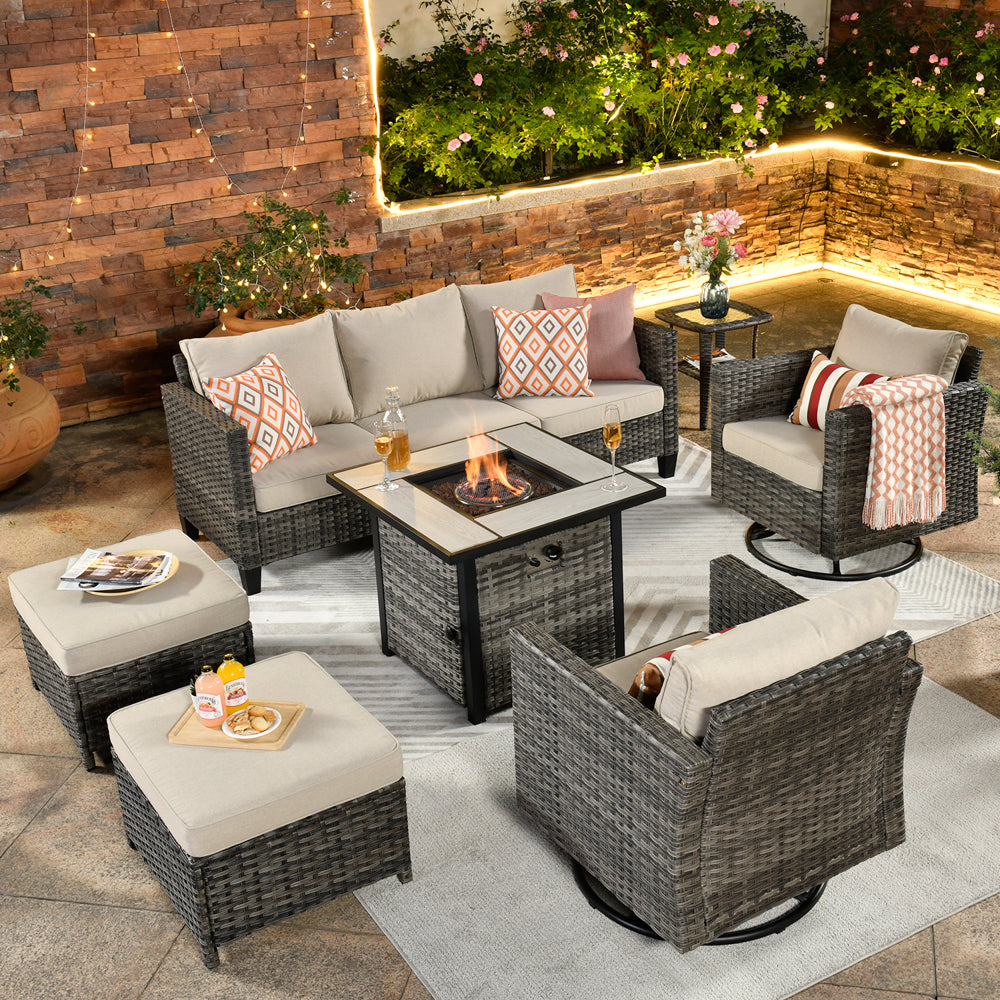 OVIOS Patio Vultros 7-Piece Set with 2 Rocking chairs and 30'' Propane Fire Pit Table