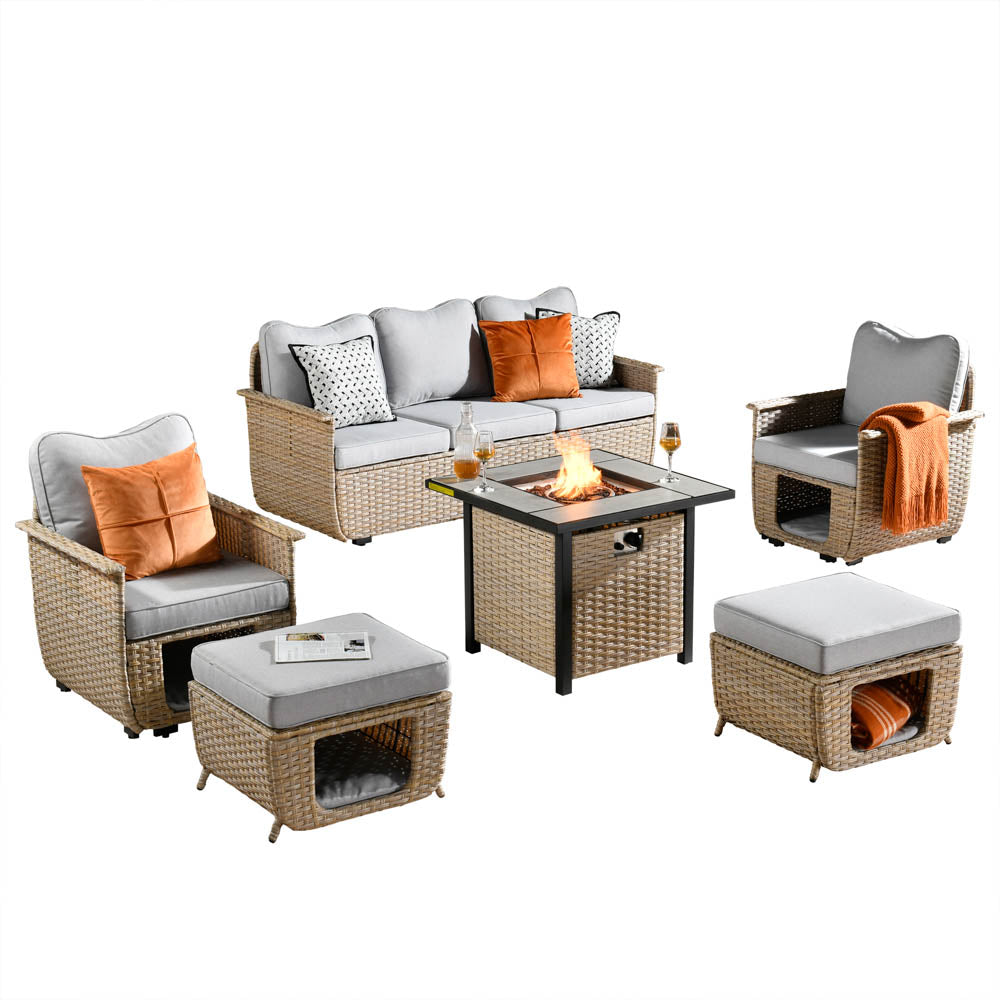 Ovios Patio Conversation Set 6 Pieces Beige Wicker with 30'' Fire Pit and Multifunctional Storage