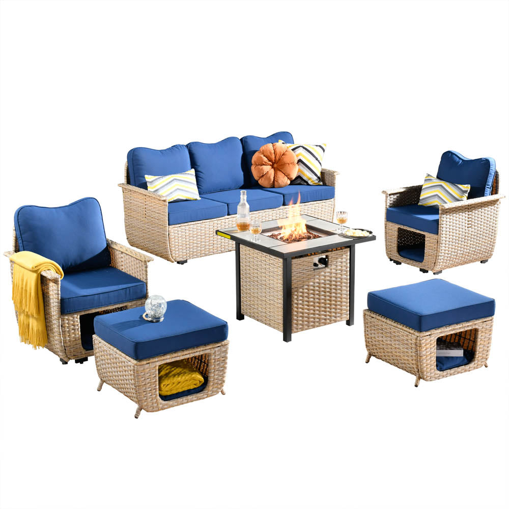 Ovios Patio Conversation Set 6 Pieces Beige Wicker with 30'' Fire Pit and Multifunctional Storage