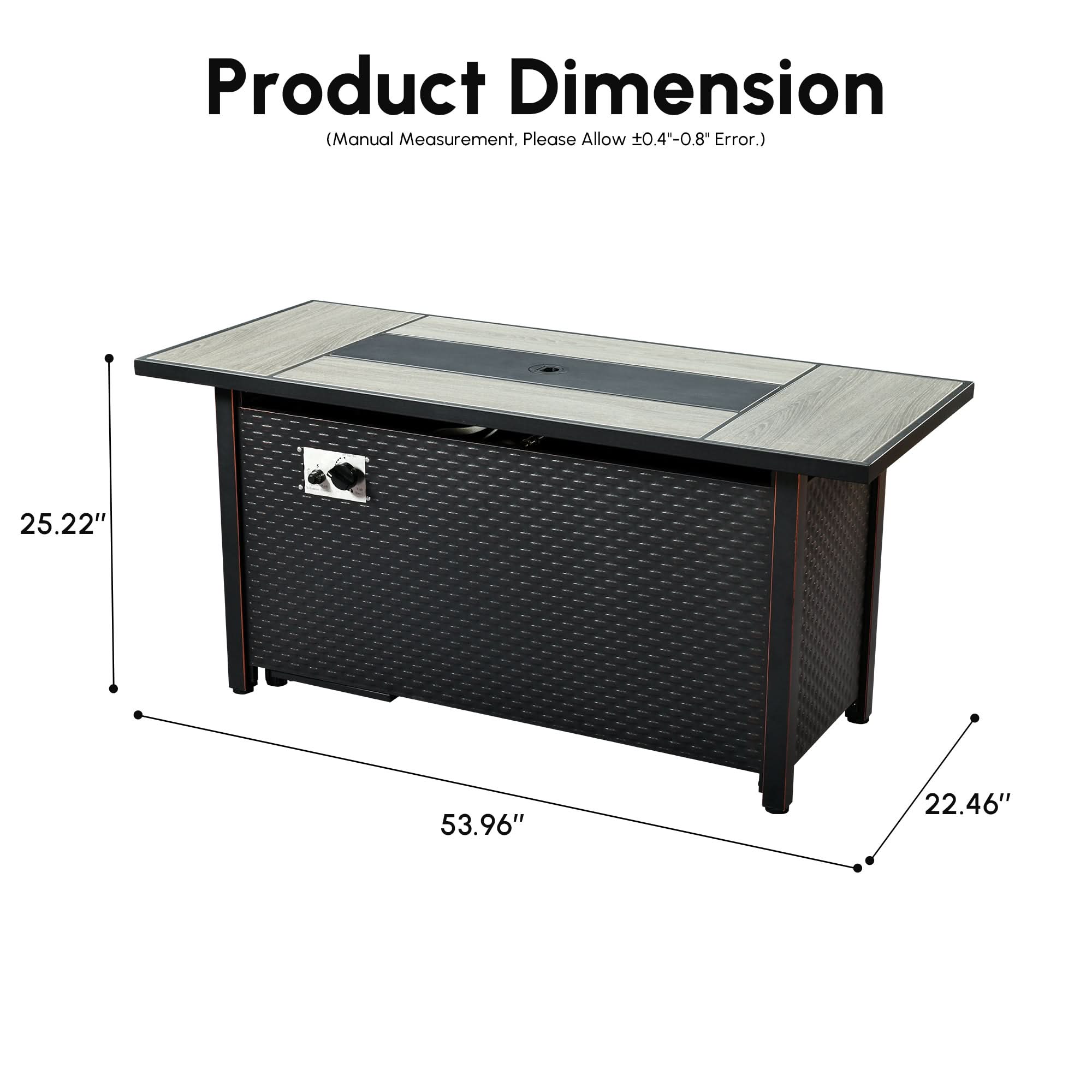 General | Ovios 54'' brown rectangle propane fire pit table dimensions: 53.96"L x 22.46"W x 25.22"H.