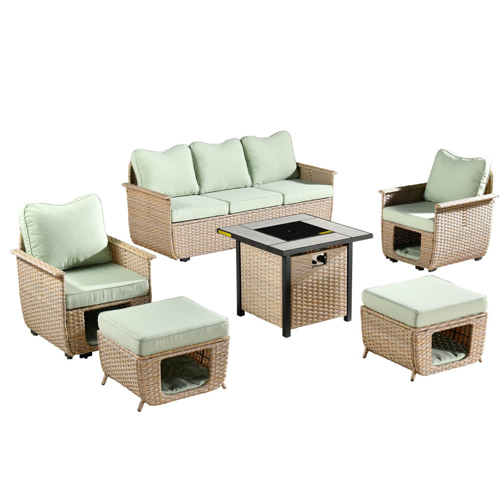 Ovios Patio Conversation Set 6 Pieces Beige Wicker with 30'' Fire Pit and Multifunctional Storage