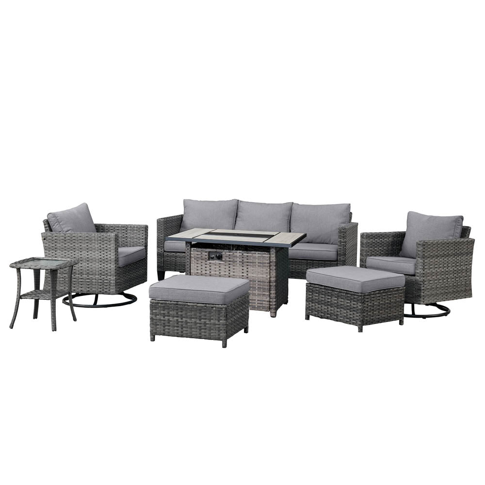 Ovios Patio Vultros 7-Piece Set With Swivel Chair and Rectangle 42'' Propane Fire Pit Table