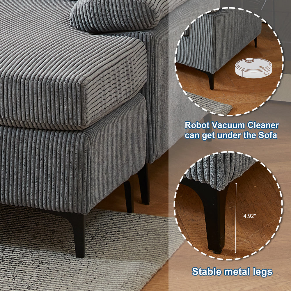 Ovios 100.02" Living Room Sofa Reversible Chaise Corduroy Fabric with Ottoman