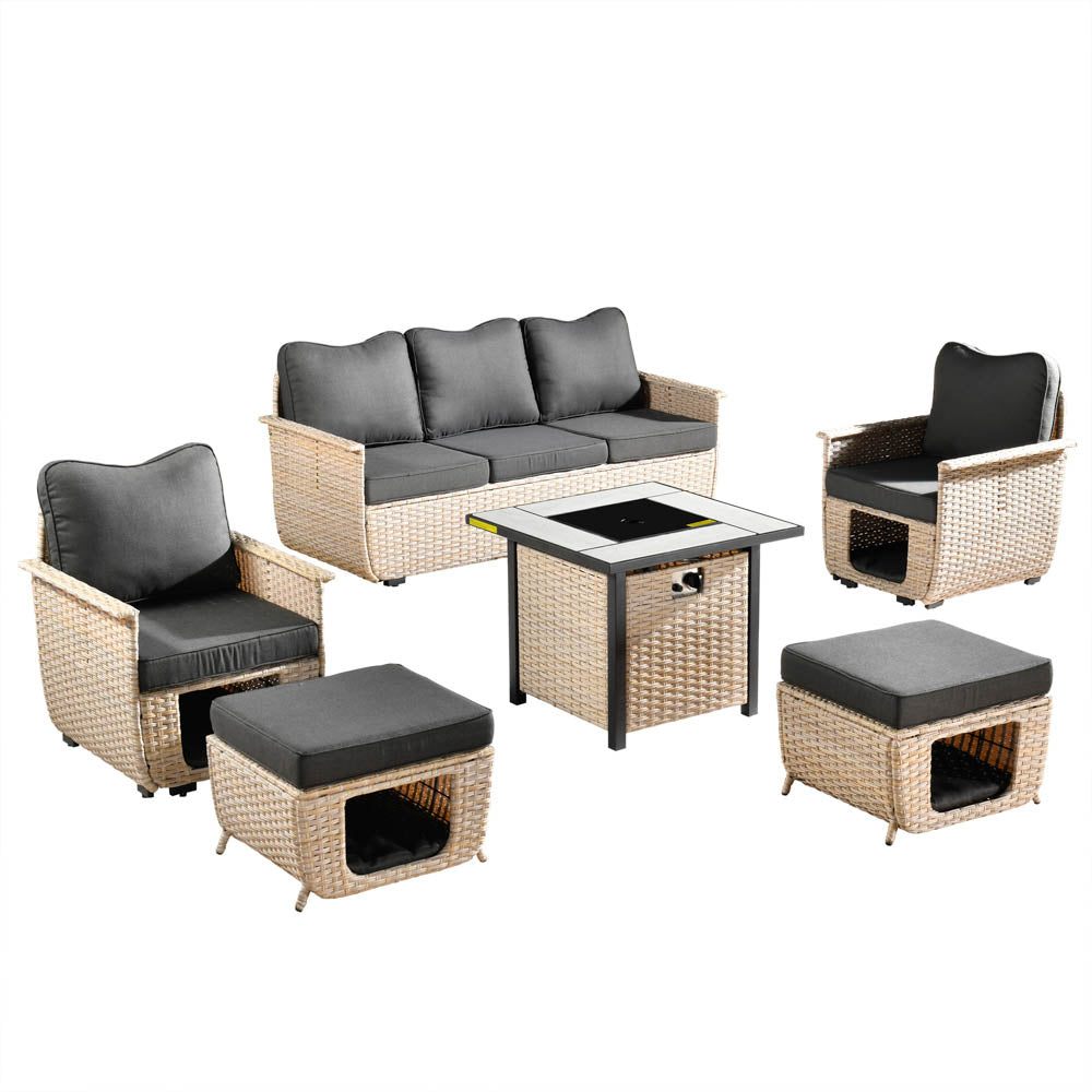 Ovios Patio Conversation Set 6 Pieces Beige Wicker with 30'' Fire Pit and Multifunctional Storage