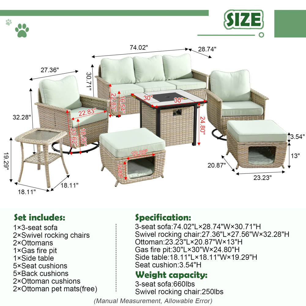 Ovios Patio Pet Conversation Set Beige Wicker 7 Pieces with 30'' Fire Pit and Swivel Rocking Chairs