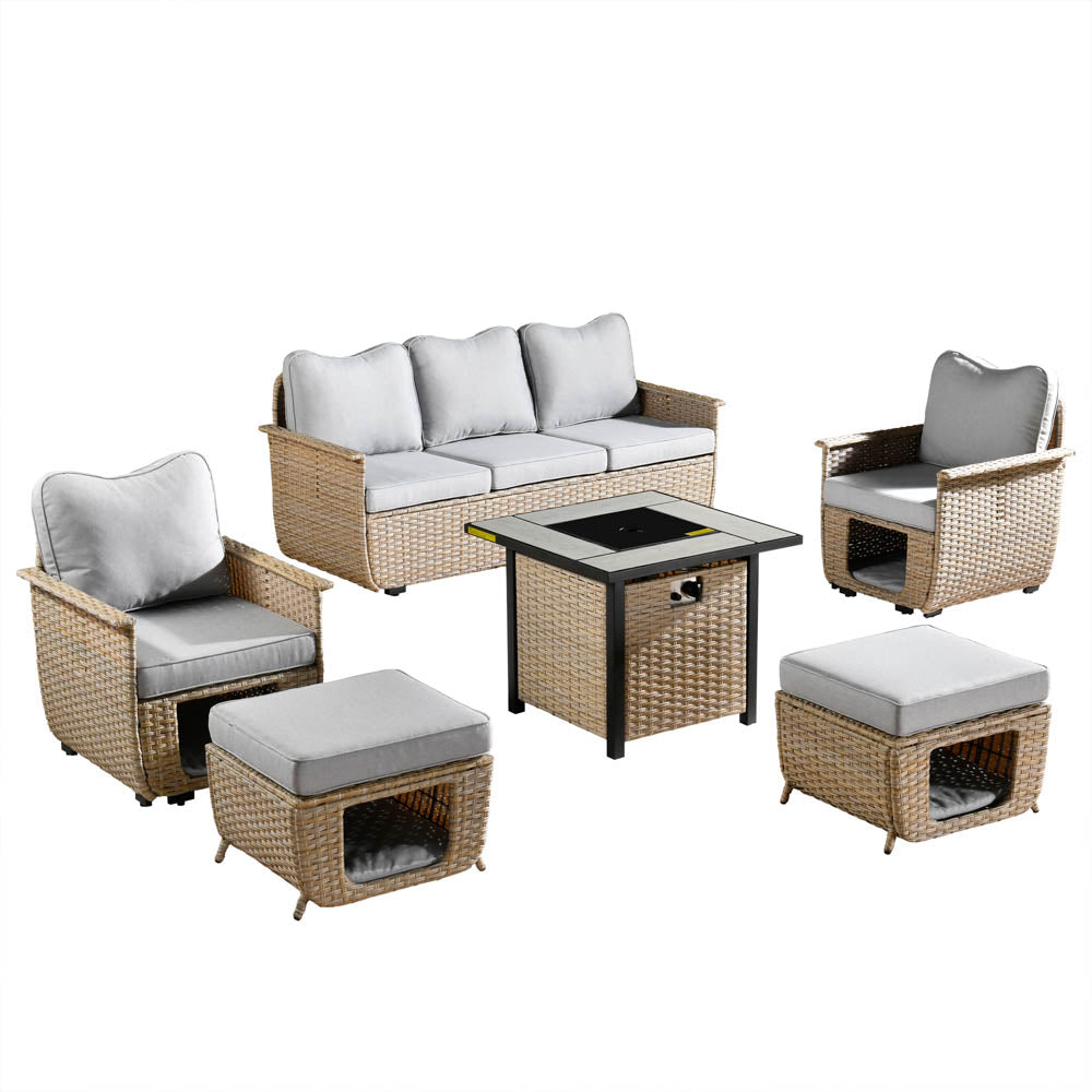 Ovios Patio Conversation Set 6 Pieces Beige Wicker with 30'' Fire Pit and Multifunctional Storage