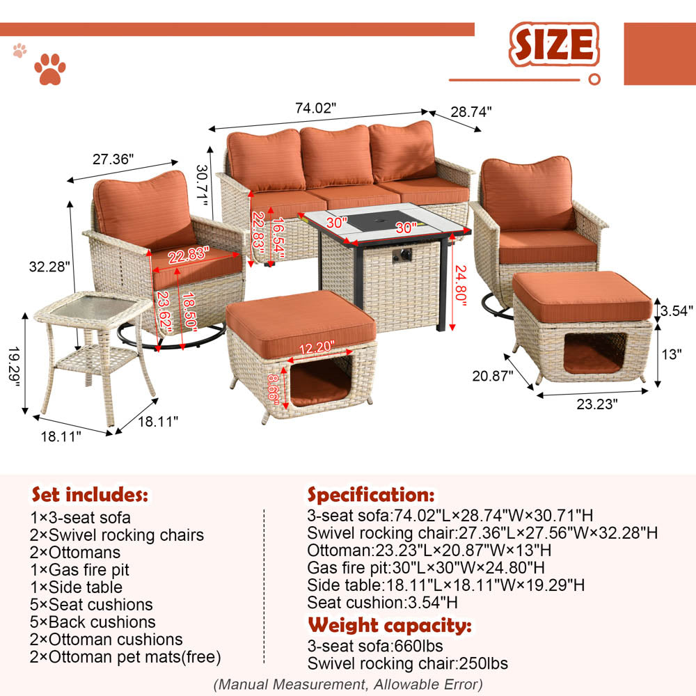 Ovios Patio Pet Conversation Set Beige Wicker 7 Pieces with 30'' Fire Pit and Swivel Rocking Chairs