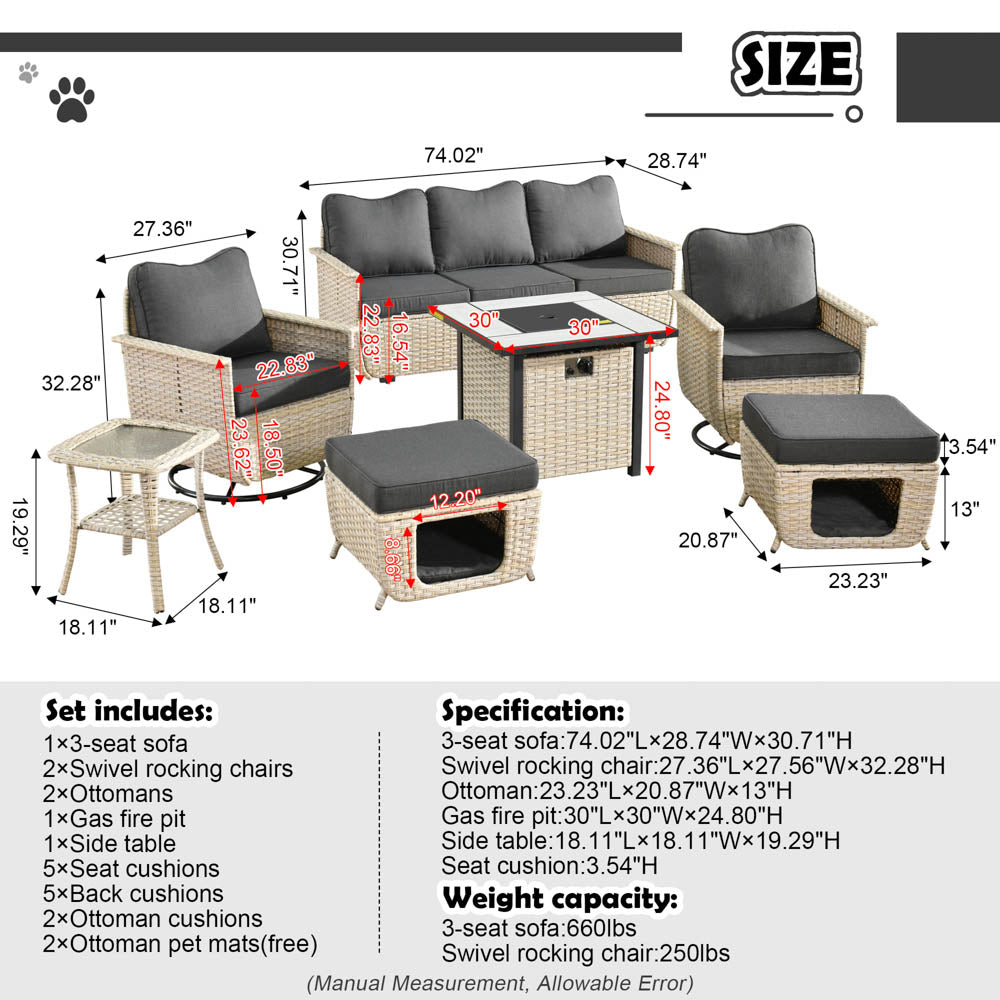 Ovios Patio Pet Conversation Set Beige Wicker 7 Pieces with 30'' Fire Pit and Swivel Rocking Chairs