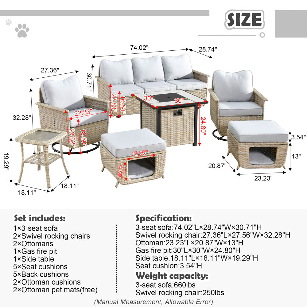 Ovios Patio Pet Conversation Set Beige Wicker 7 Pieces with 30'' Fire Pit and Swivel Rocking Chairs