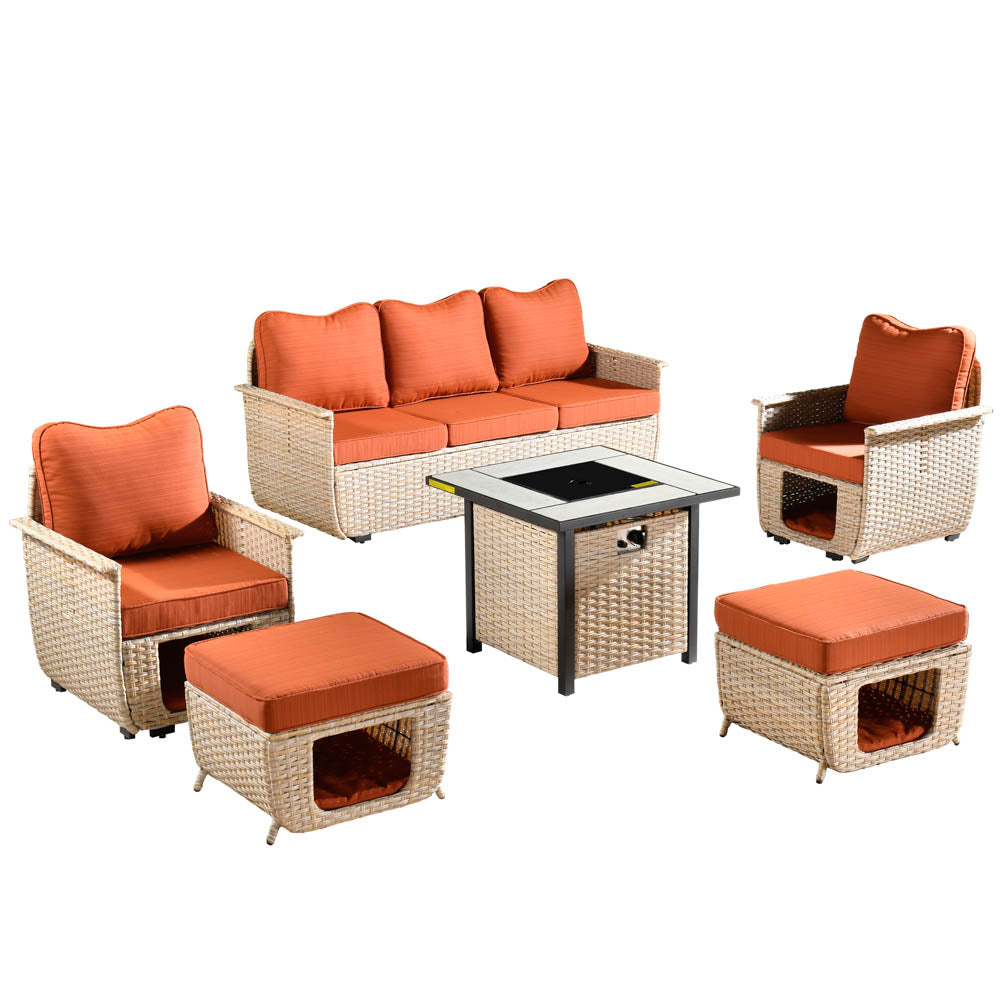 Ovios Patio Conversation Set 6 Pieces Beige Wicker with 30'' Fire Pit and Multifunctional Storage