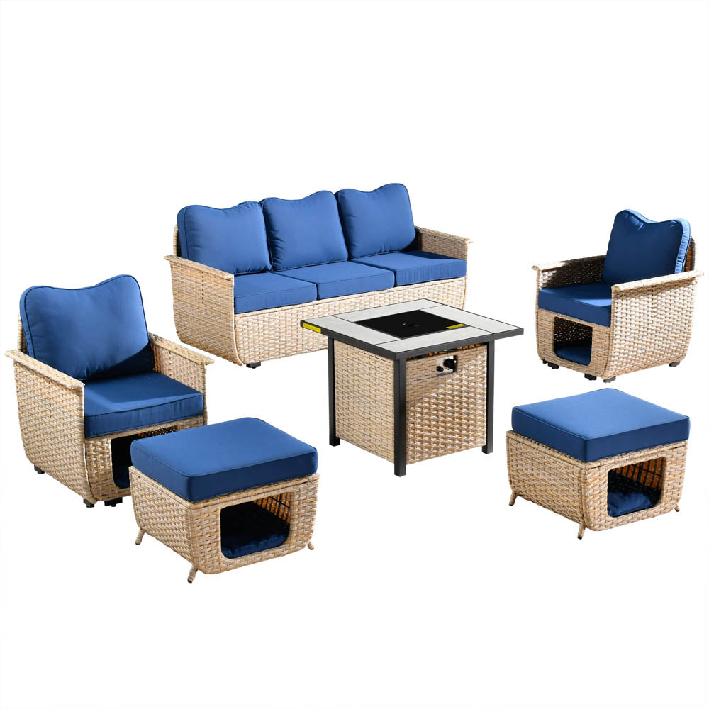 Ovios Patio Conversation Set 6 Pieces Beige Wicker with 30'' Fire Pit and Multifunctional Storage