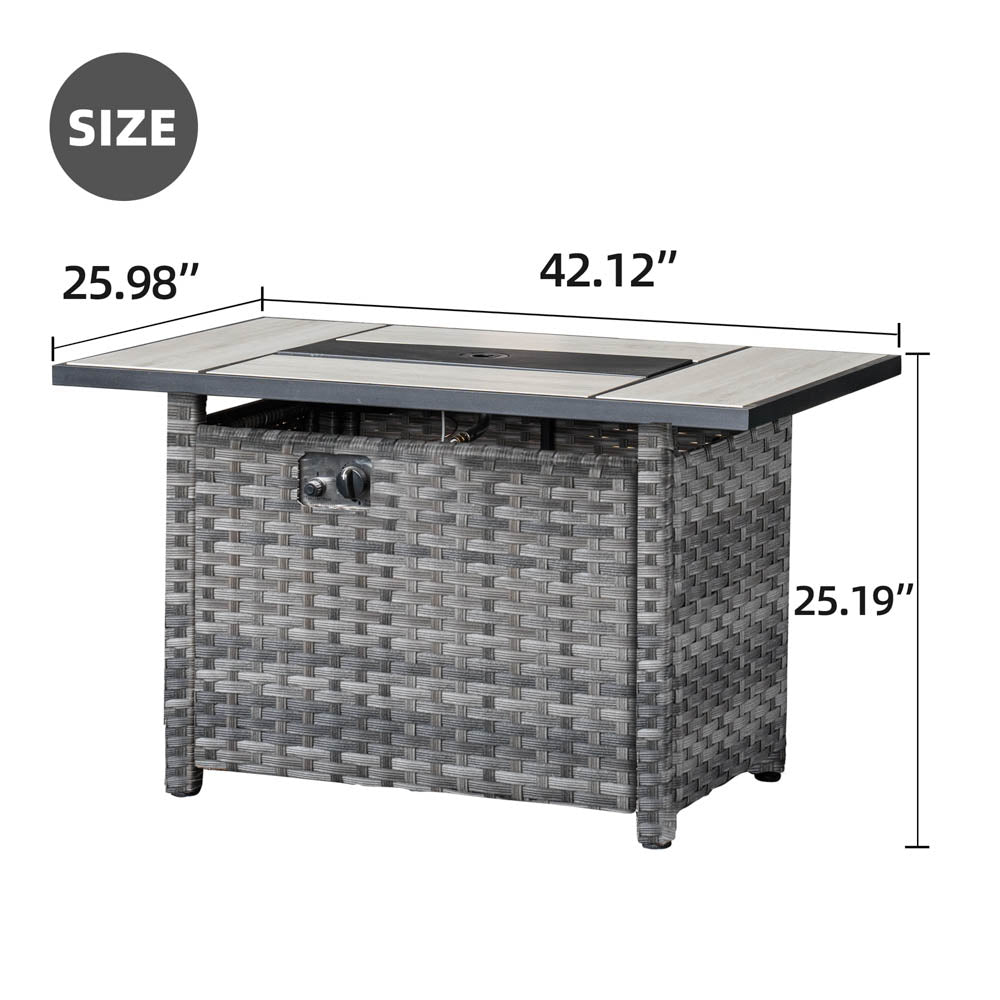 Ovios 42'' Rectangle Propane Fire Pit Table Grey Wicker for Broad Armrests Series