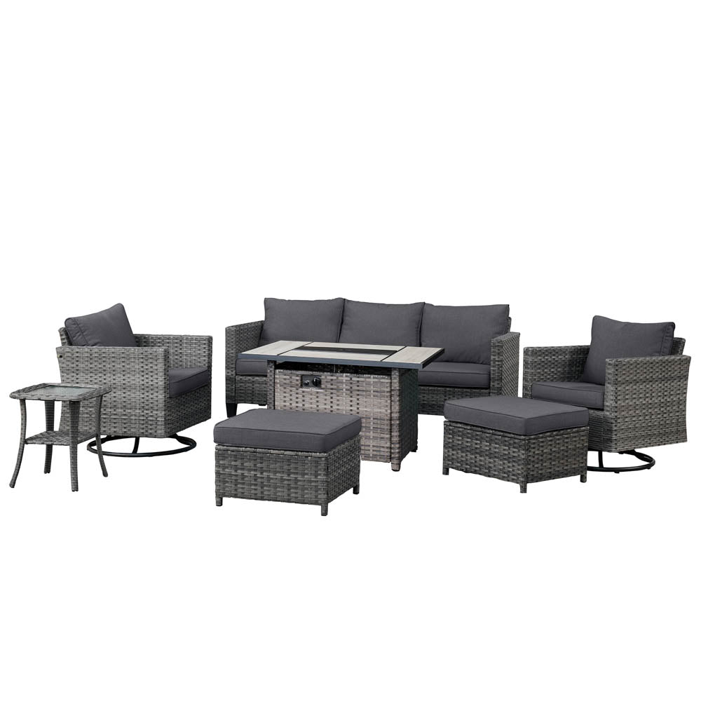 Ovios Patio Vultros 7-Piece Set With Swivel Chair and Rectangle 42'' Propane Fire Pit Table