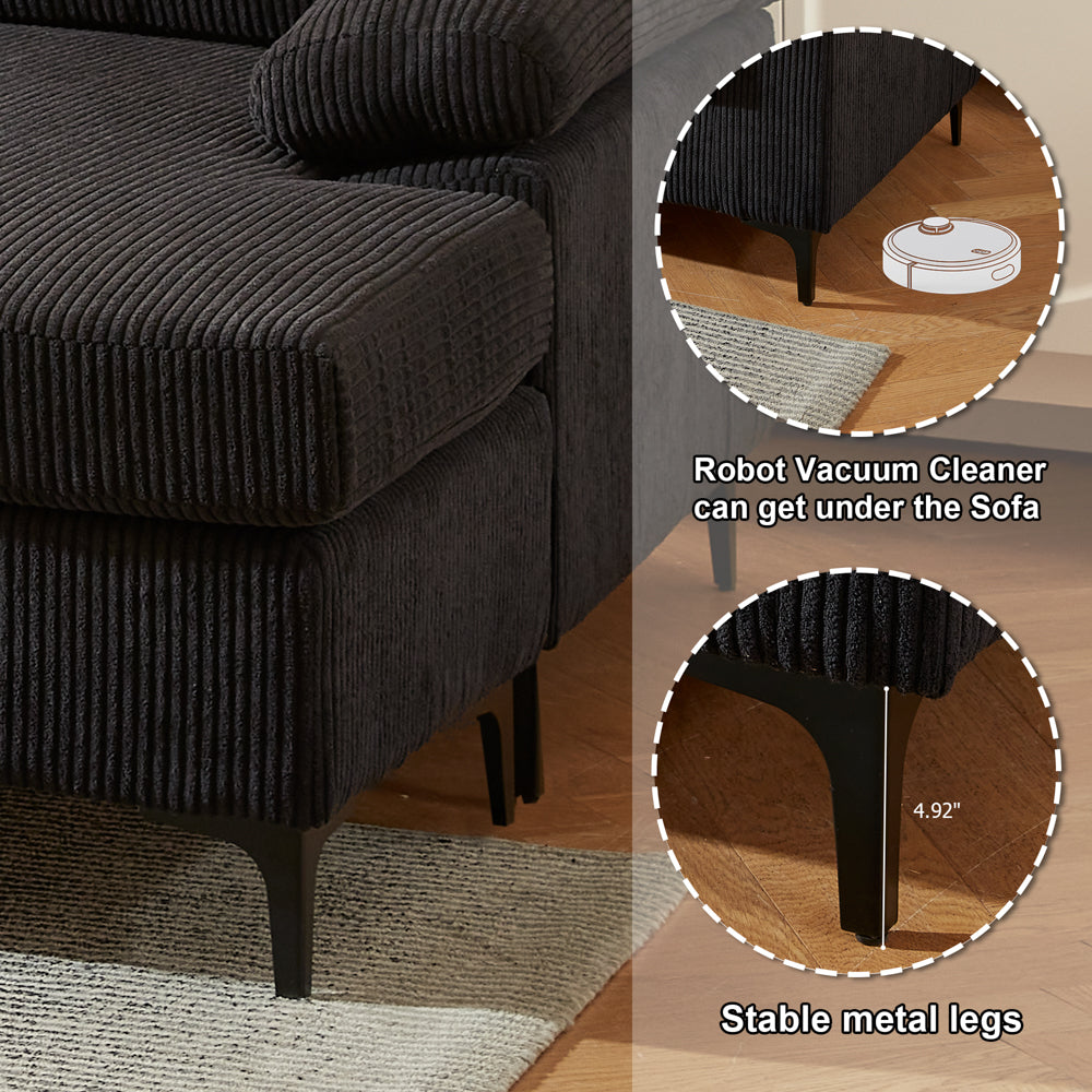 Ovios 100.02" Living Room Sofa Reversible Chaise Corduroy Fabric with Ottoman
