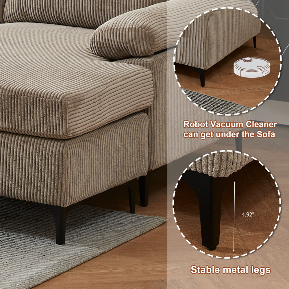 Ovios 100.02" Living Room Sofa Reversible Chaise Corduroy Fabric with Ottoman