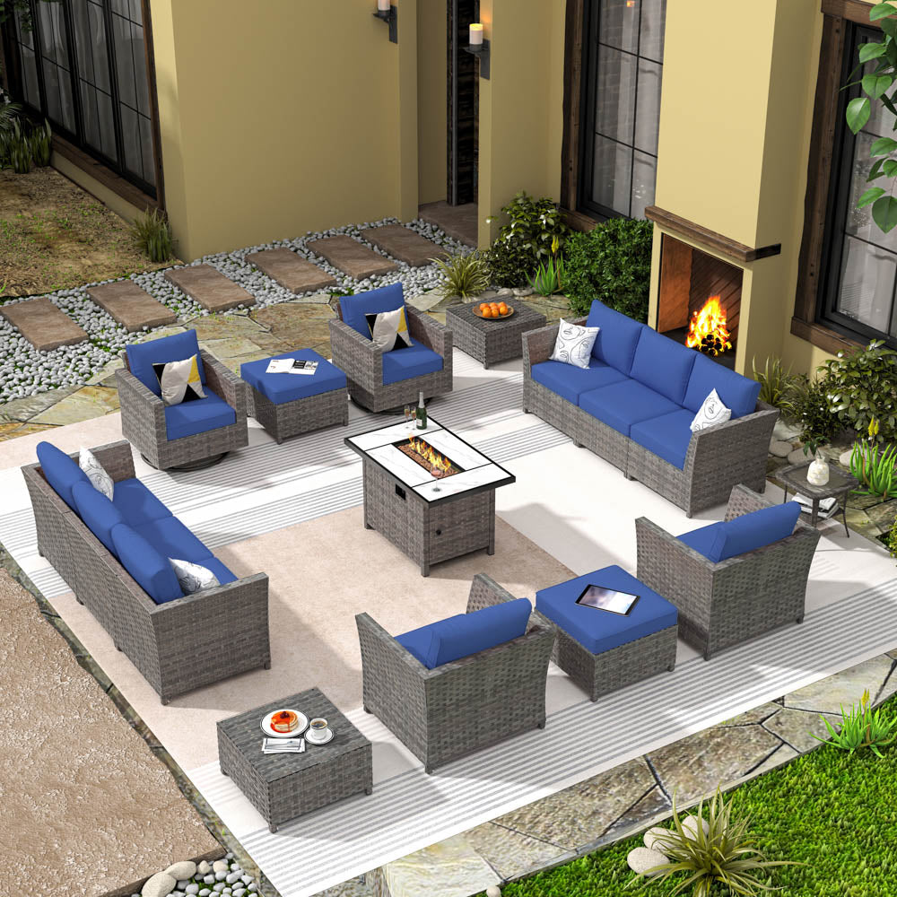 OVIOS New Rimaru Series Patio Furniture Set 15-Piece include Swivel Chairs and 42"Rectangle Fire Pit Table Partially Assembled