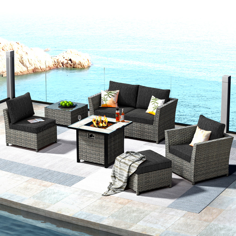 Ovios Patio Furniture Set New Rimaru 7-Piece Set include 30'' Square Fire Pit Table Partially Assembled