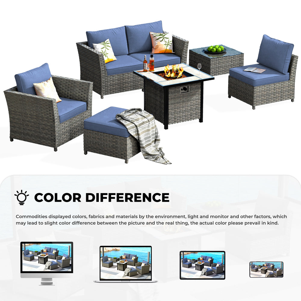 OVIOS Patio Furniture Set New Rimaru 7-Piece Set include 30'' Square Fire Pit Table Partially Assembled