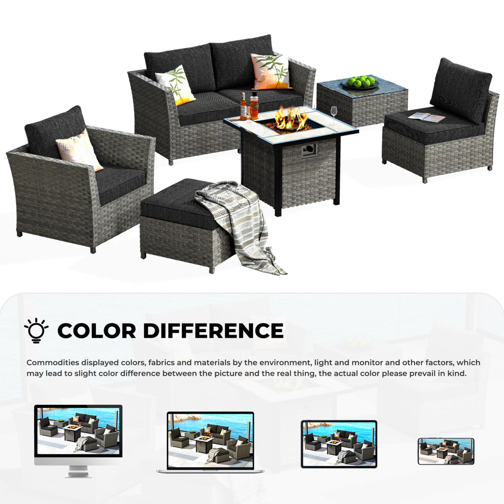 OVIOS Patio Furniture Set New Rimaru 7-Piece Set include 30'' Square Fire Pit Table Partially Assembled