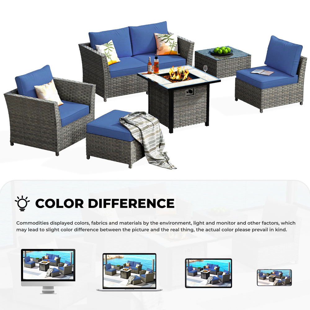 OVIOS Patio Furniture Set New Rimaru 7-Piece Set include 30'' Square Fire Pit Table Partially Assembled