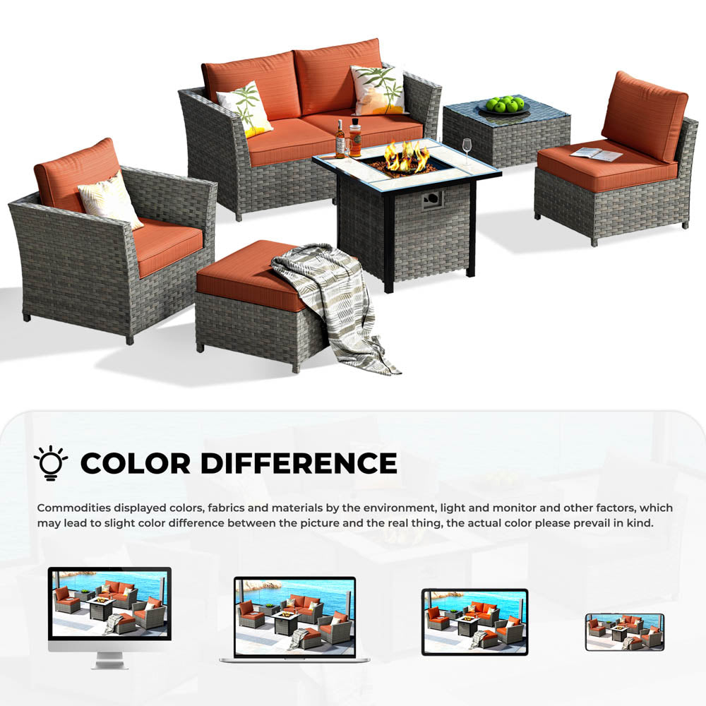 OVIOS Patio Furniture Set New Rimaru 7-Piece Set include 30'' Square Fire Pit Table Partially Assembled