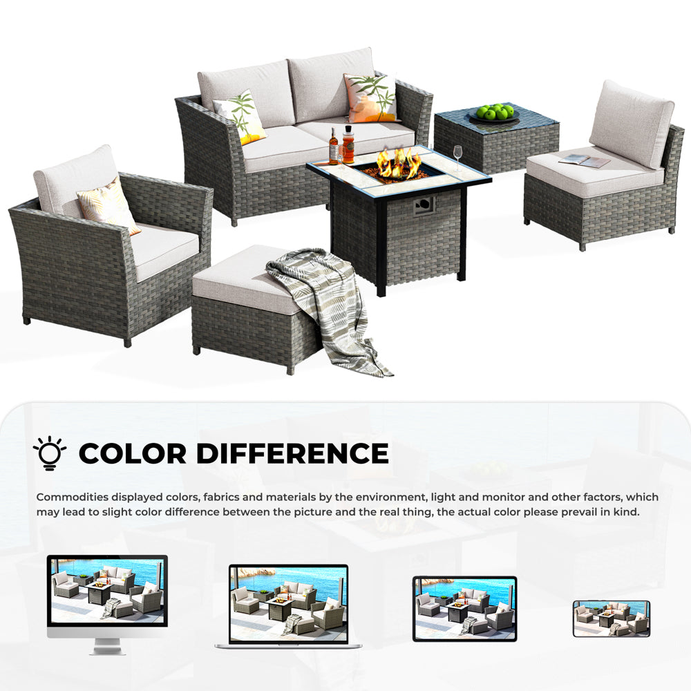 OVIOS Patio Furniture Set New Rimaru 7-Piece Set include 30'' Square Fire Pit Table Partially Assembled