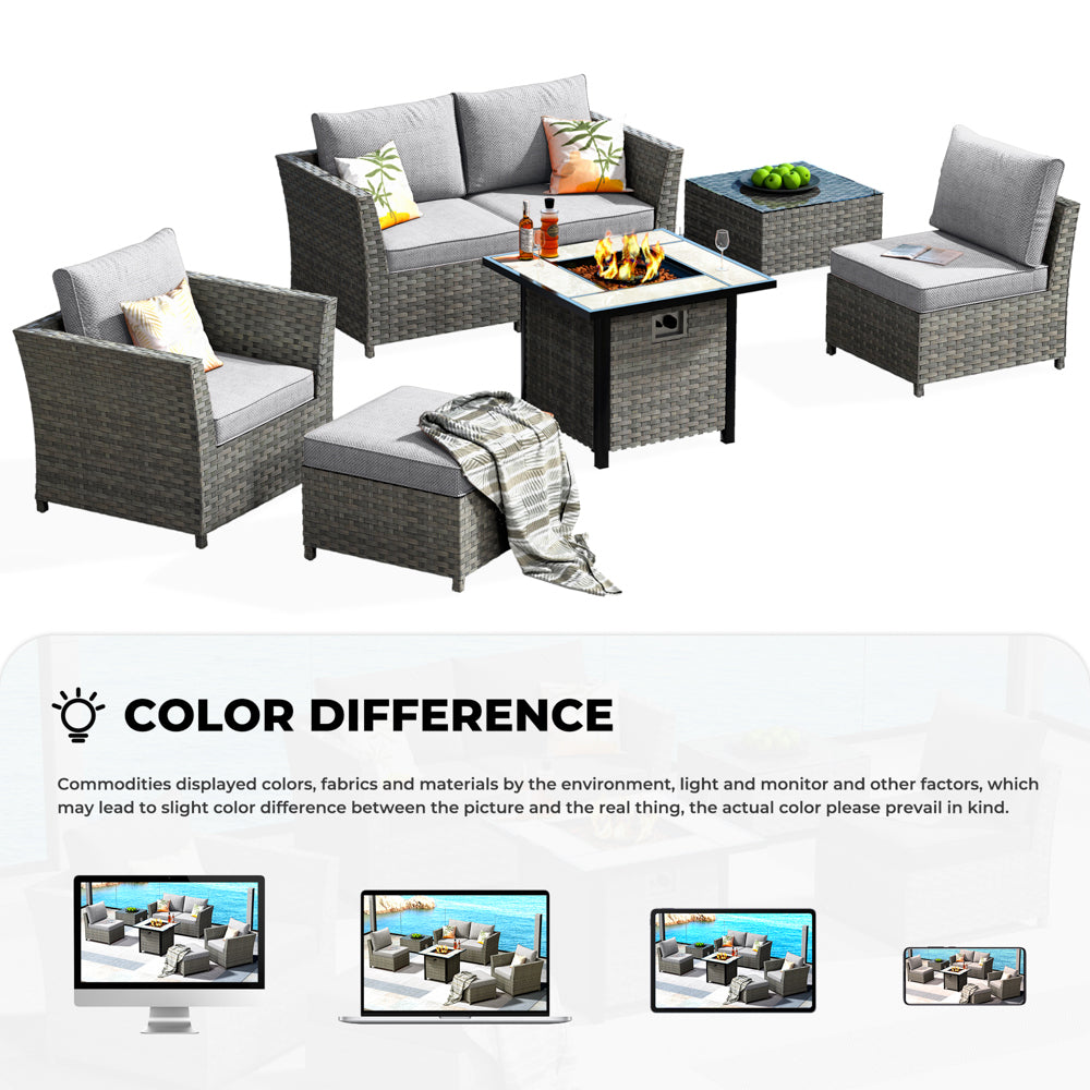 OVIOS Patio Furniture Set New Rimaru 7-Piece Set include 30'' Square Fire Pit Table Partially Assembled